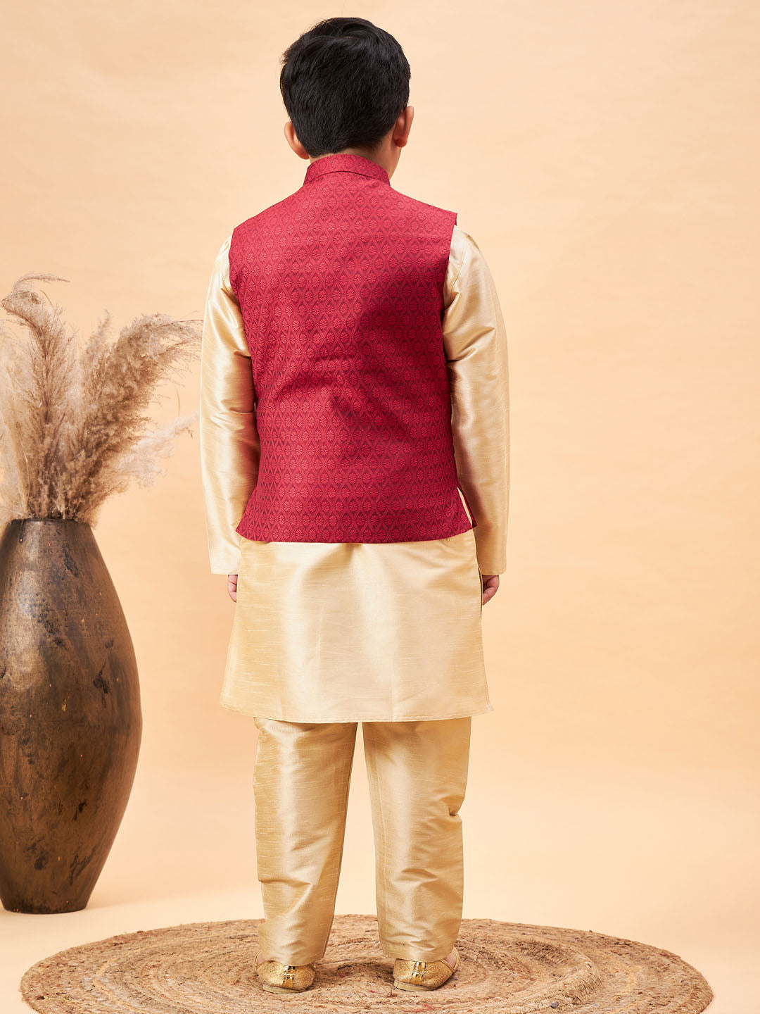 VASTRAMAY Boy's Maroon Woven Jacket With Gold Kurta and Pyjama Set - qivii