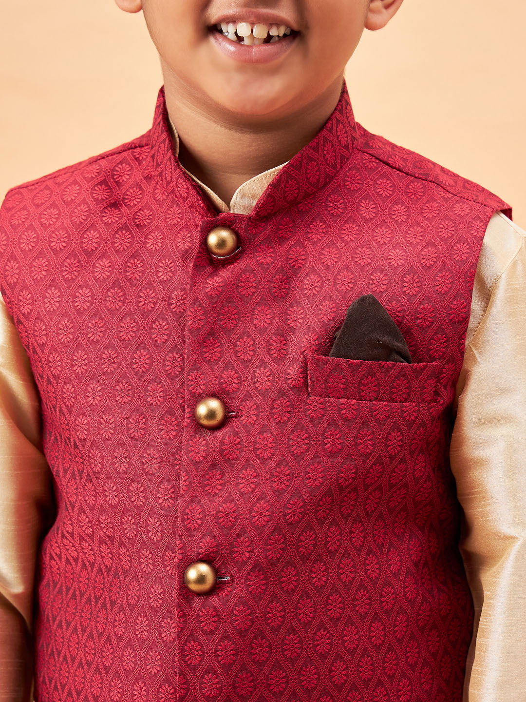 VASTRAMAY Boy's Maroon Woven Jacket With Gold Kurta and Pyjama Set - qivii