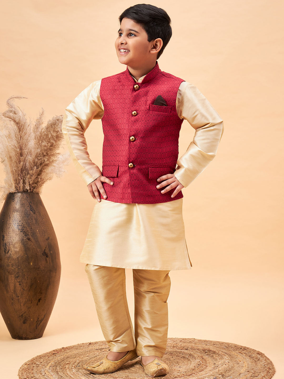 VASTRAMAY Boy's Maroon Woven Jacket With Gold Kurta and Pyjama Set - qivii