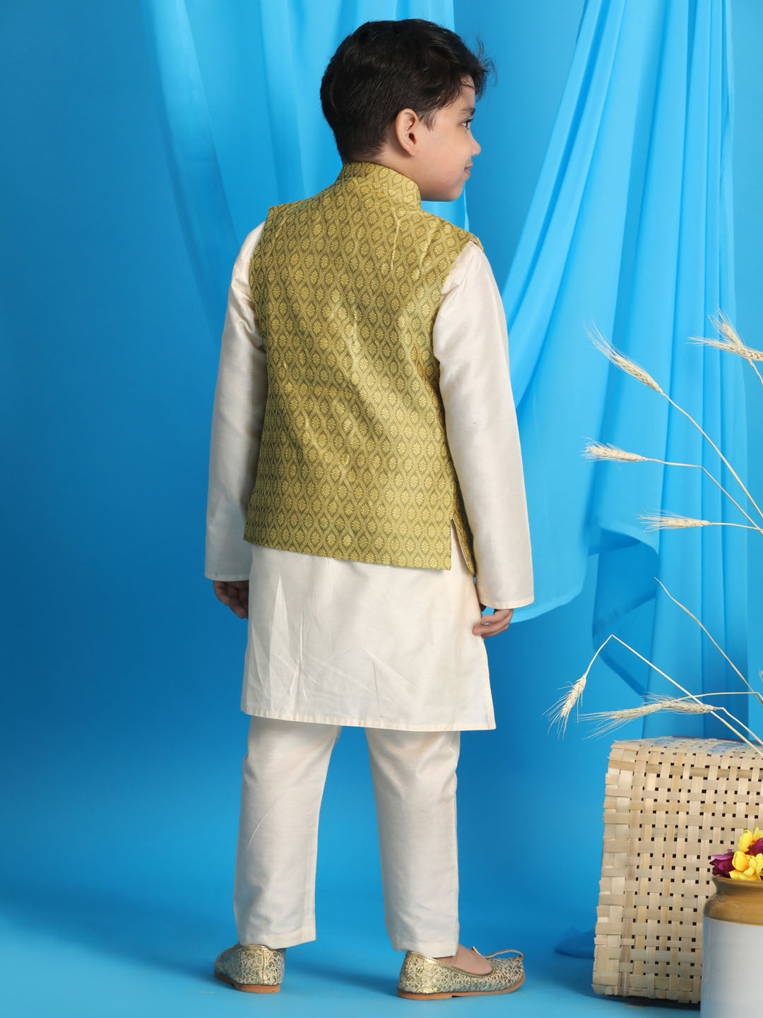 VASTRAMAY Boy's Yellow Woven Jacket With Cream Kurta and Pyjama Set - qivii
