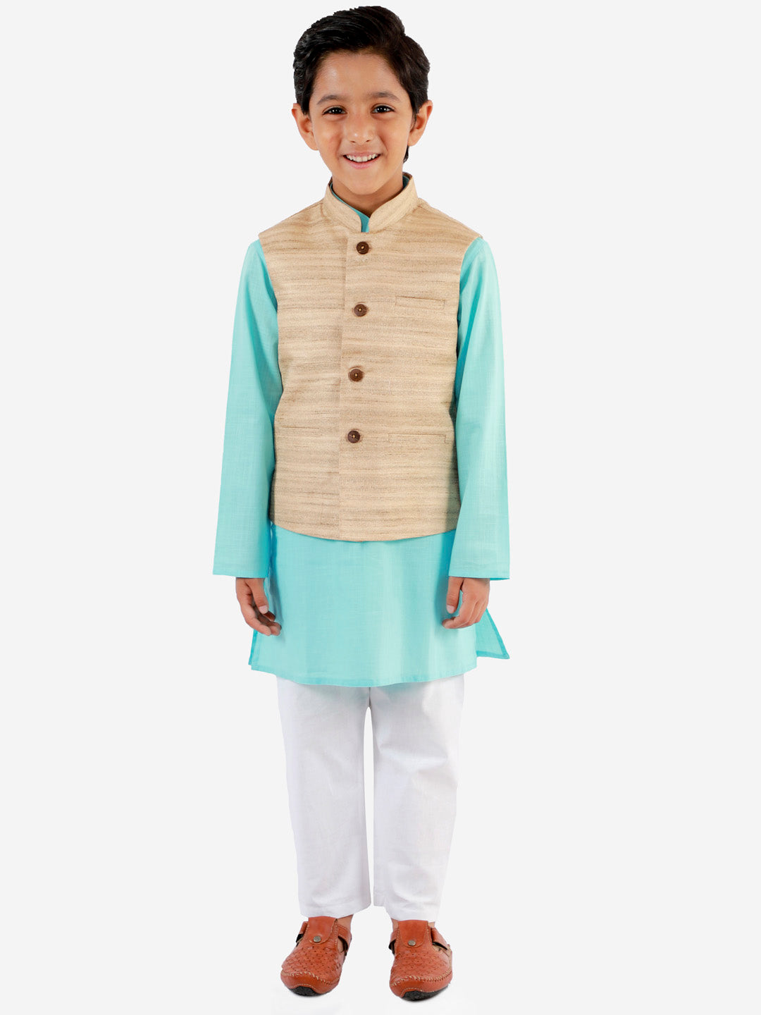 Vastramay Boys Beige, Aqua And White Jacket, Kurta and Pyjama Set - qivii