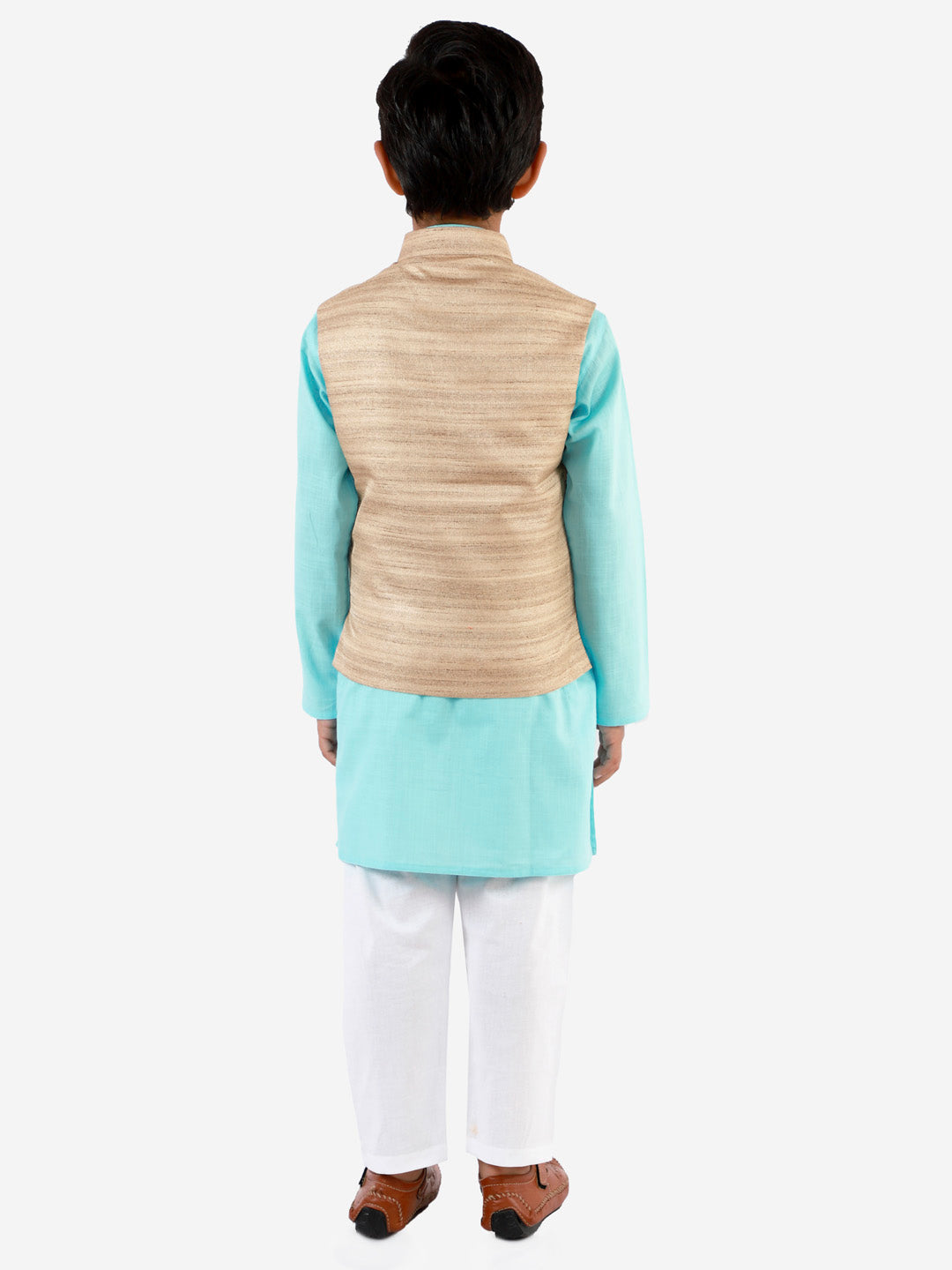 Vastramay Boys Beige, Aqua And White Jacket, Kurta and Pyjama Set - qivii