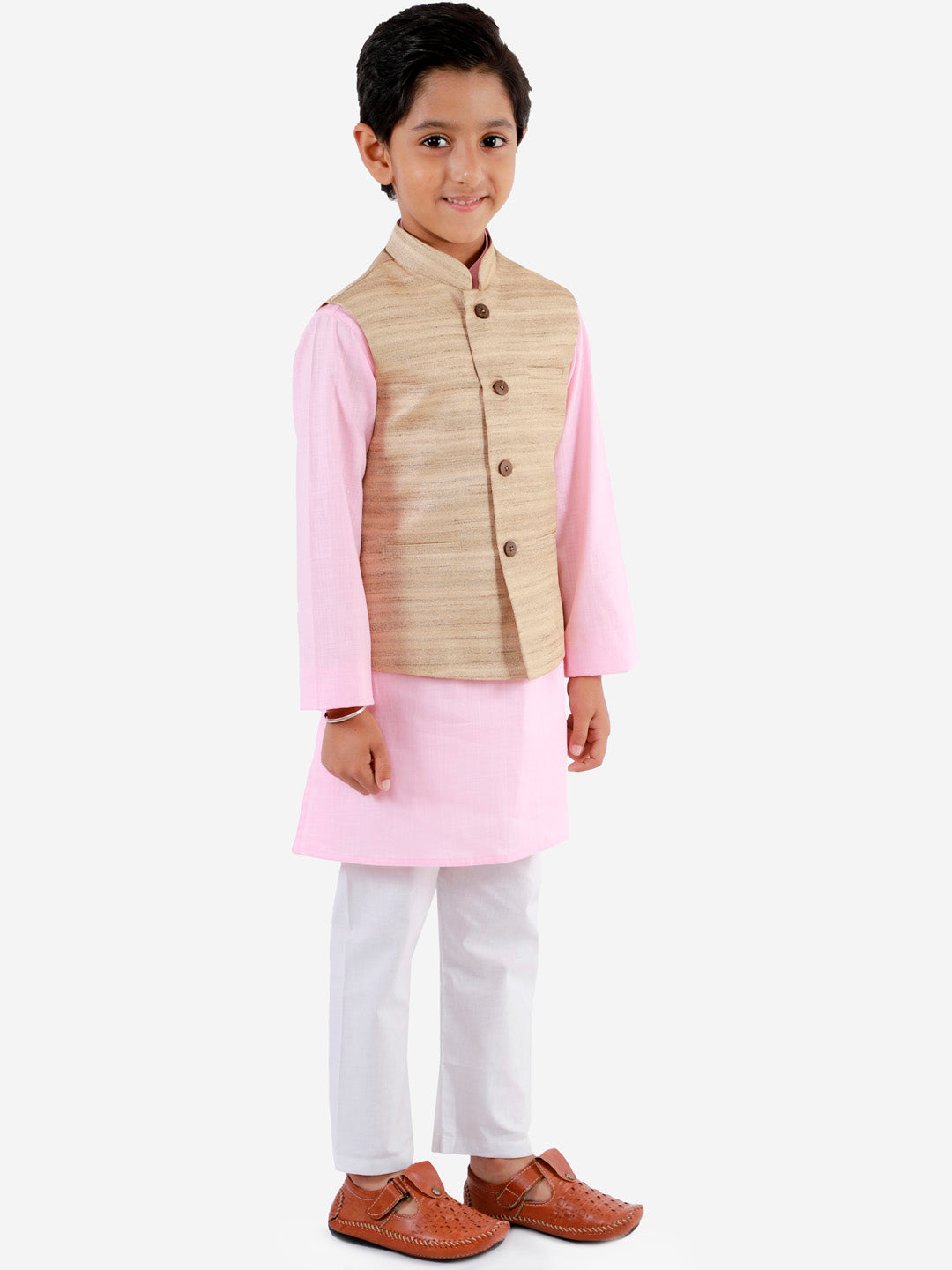 Vastramay Boys Beige, Pink And White Jacket, Kurta and Pyjama Set - qivii