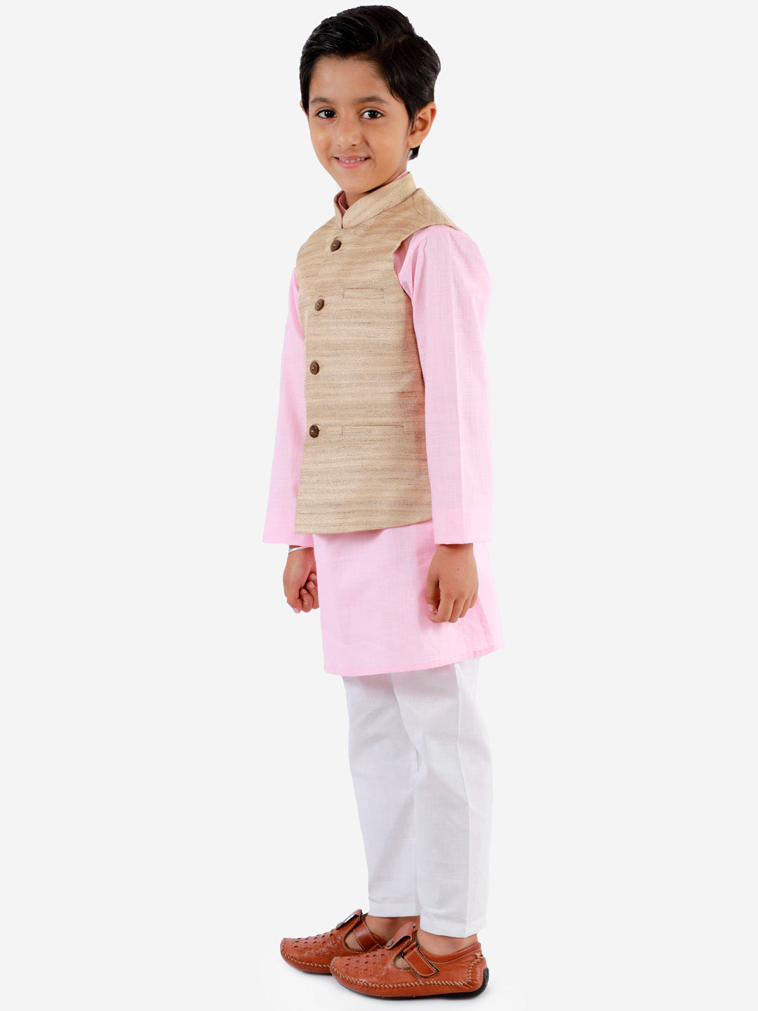 Vastramay Boys Beige, Pink And White Jacket, Kurta and Pyjama Set - qivii