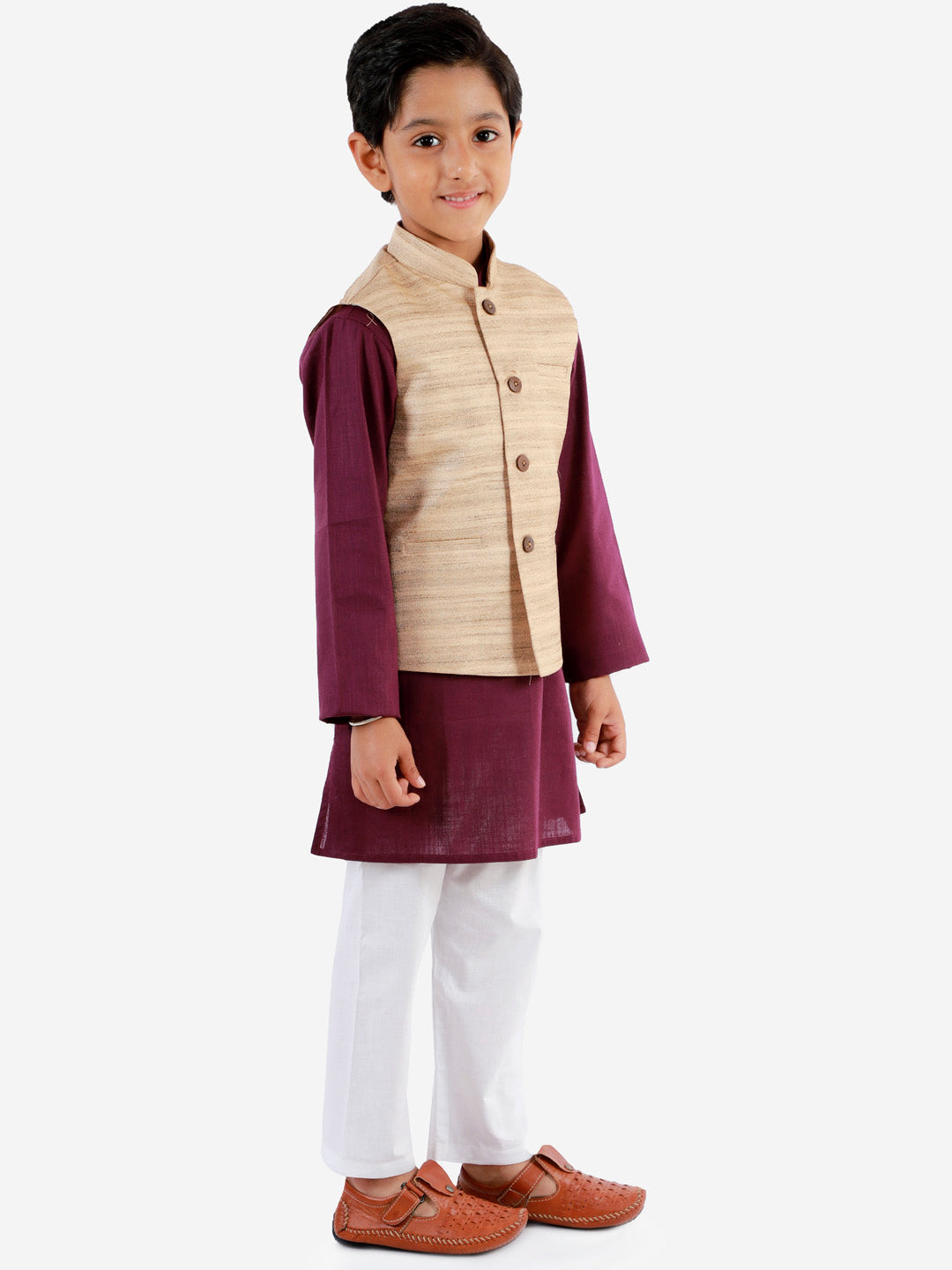 Vastramay Boys Beige, Purple And White Jacket, Kurta and Pyjama Set - qivii