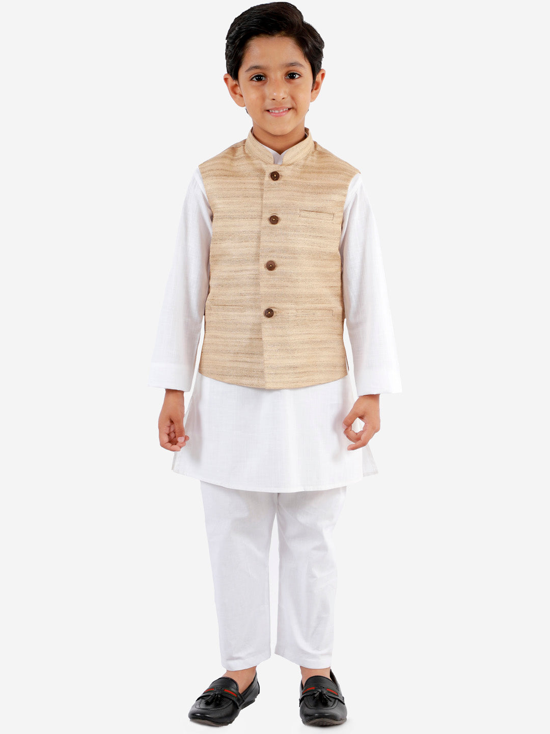 Vastramay Boys Beige And White Jacket, Kurta and Pyjama Set - qivii