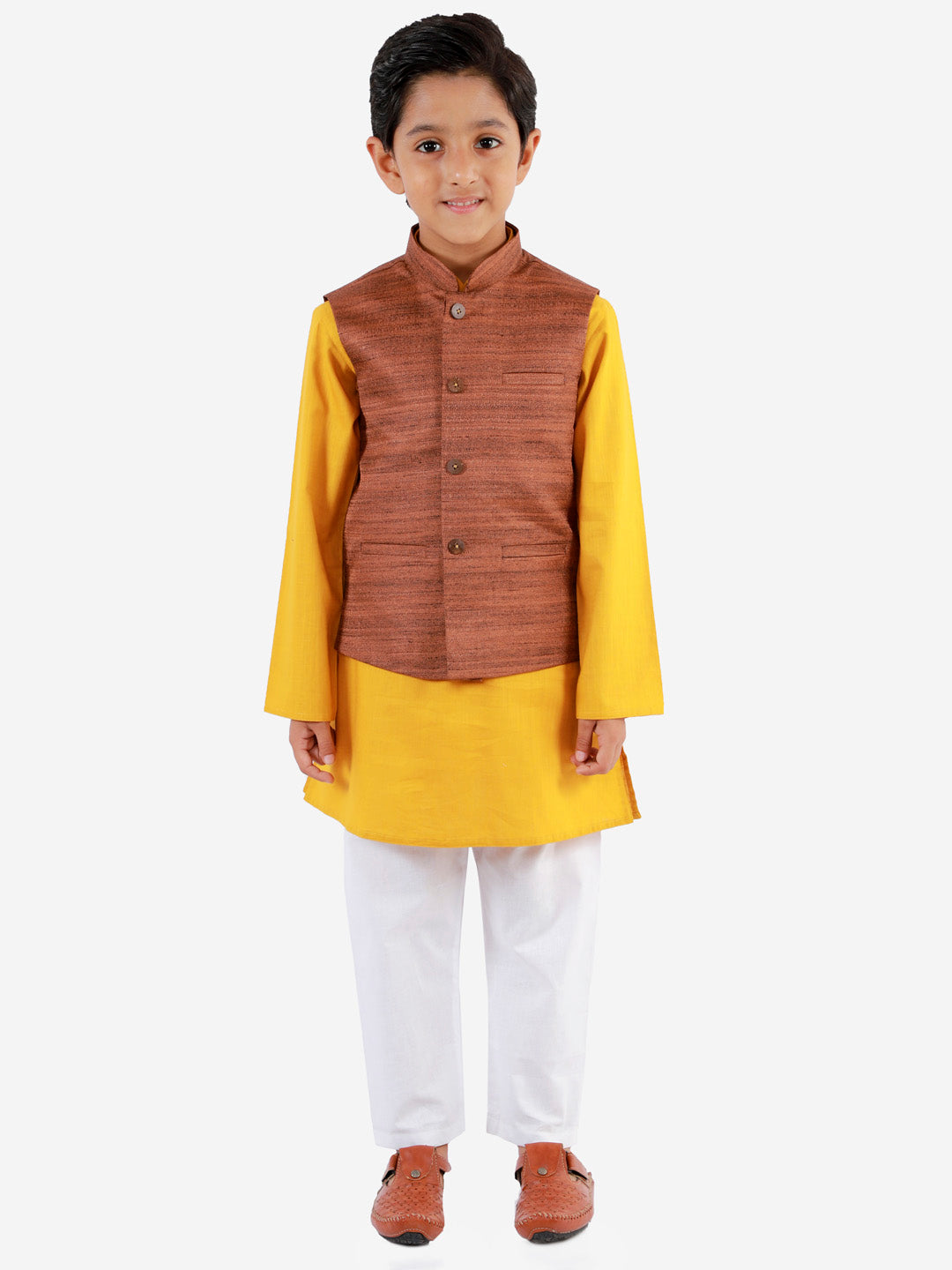 Vastramay Boys Coffee Brown, Mustard And White Jacket, Kurta and Pyjama Set - qivii