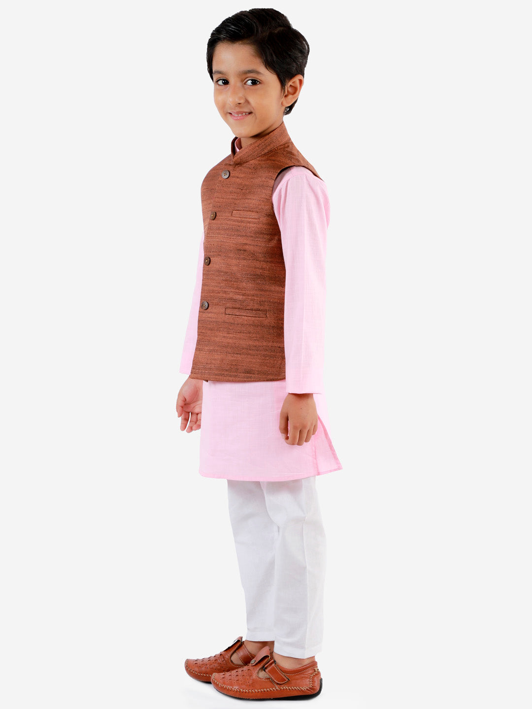 VASTRAMAY Boys Coffee Brown, Pink And White Jacket, Kurta and Pyjama Set - qivii