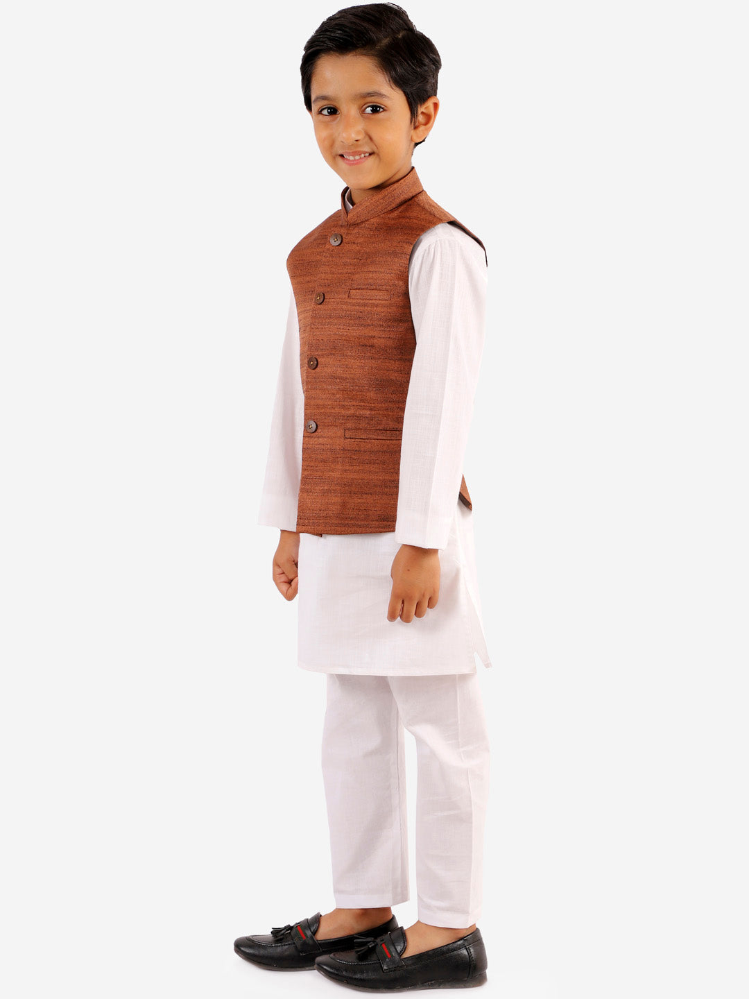 Vastramay Boys Coffee Brown And White Jacket, Kurta and Pyjama Set - qivii
