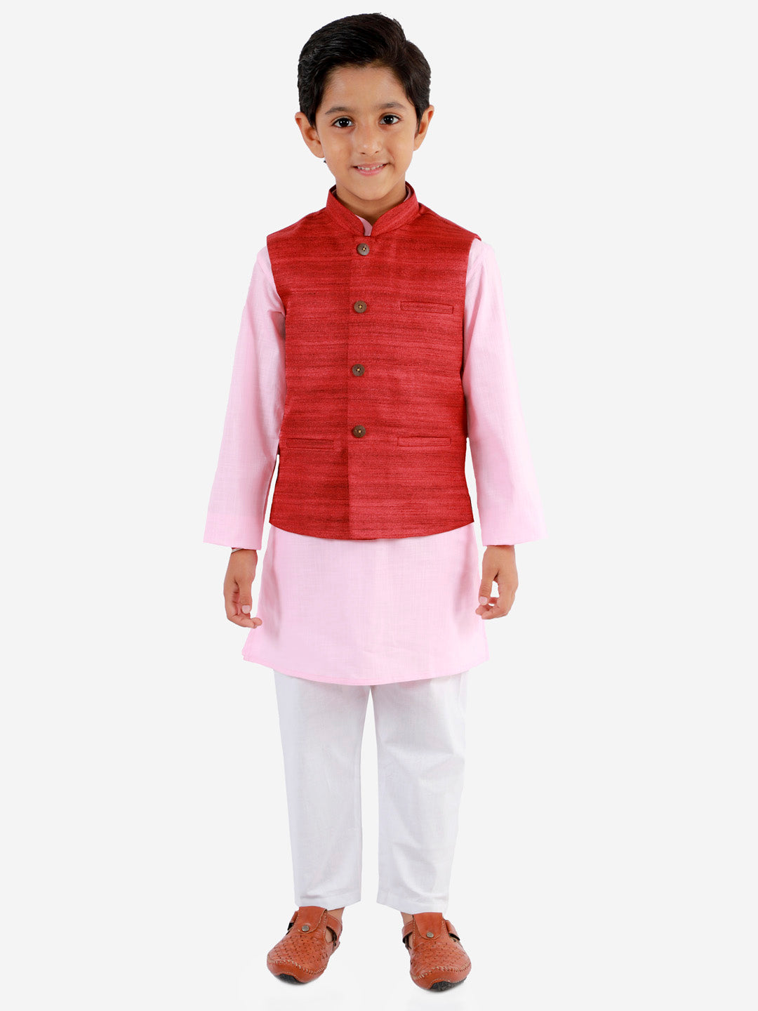 Vastramay Boys Maroon, Pink And White Jacket, Kurta and Pyjama Set - qivii