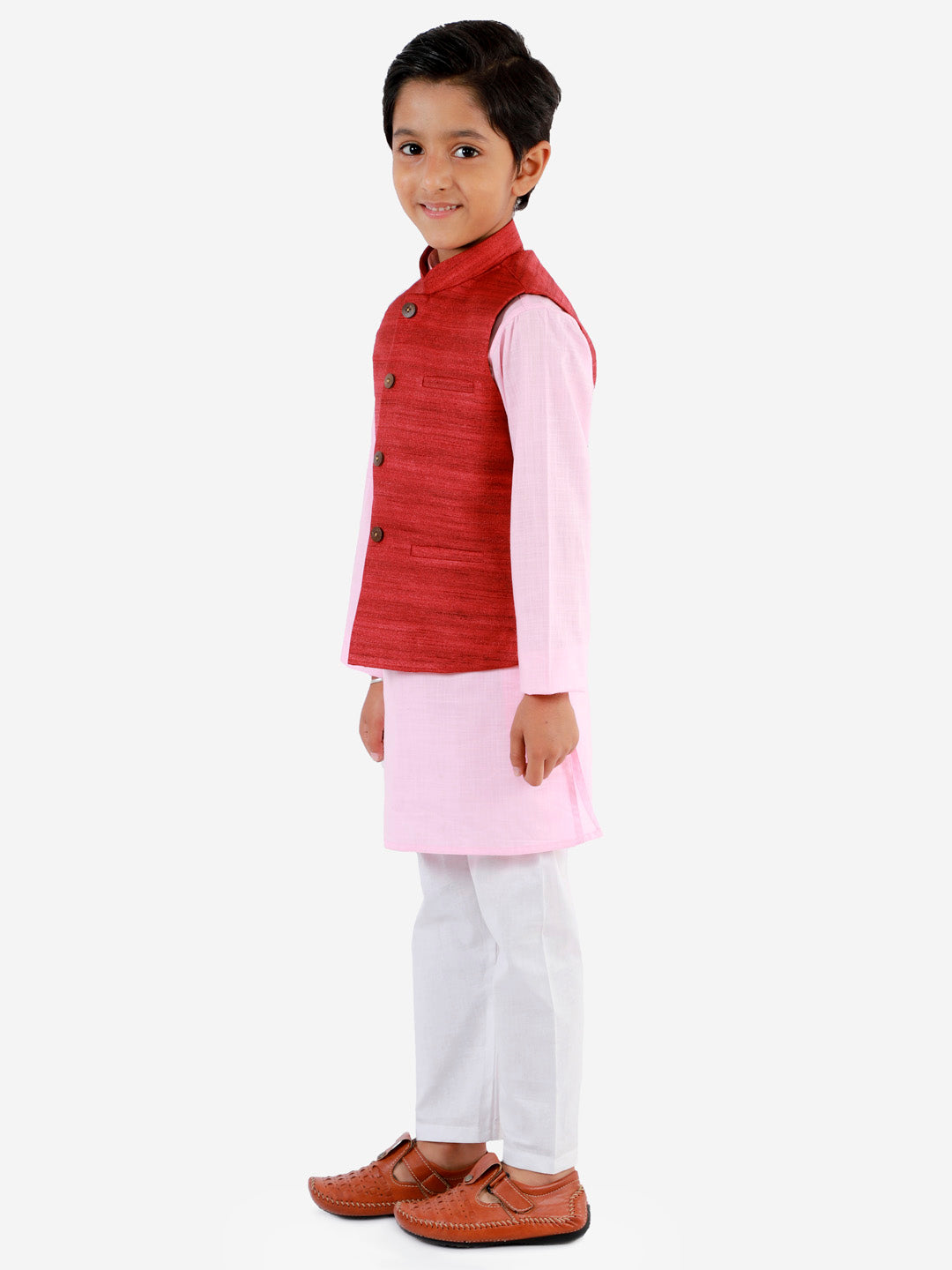Vastramay Boys Maroon, Pink And White Jacket, Kurta and Pyjama Set - qivii