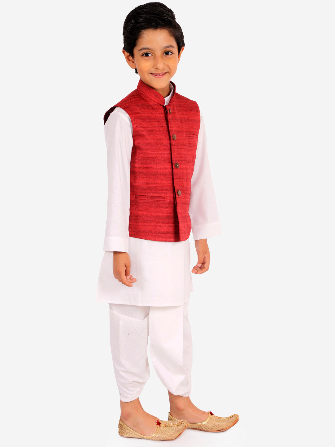 Vastramay Boy's Maroon And White Matka Silk Jacket, Kurta and Dhoti Set - qivii