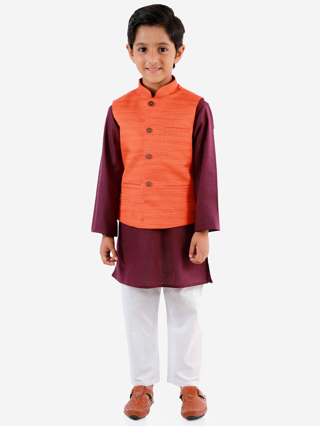 Vastramay Boys Orange, Purple And White Jacket, Kurta and Pyjama Set - qivii