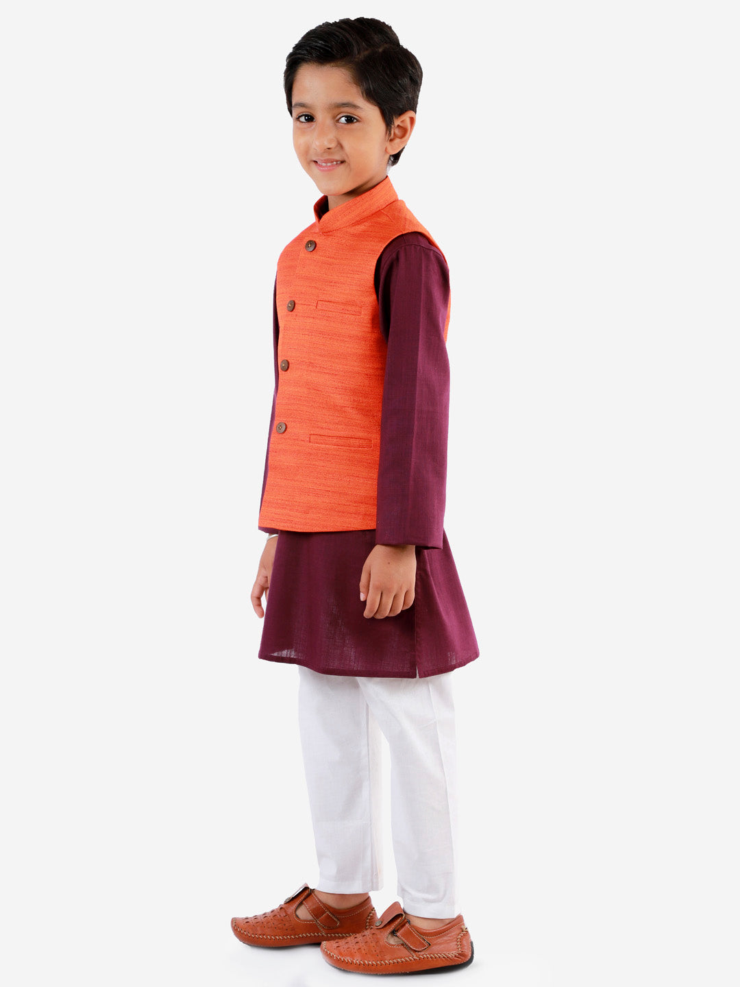 Vastramay Boys Orange, Purple And White Jacket, Kurta and Pyjama Set - qivii