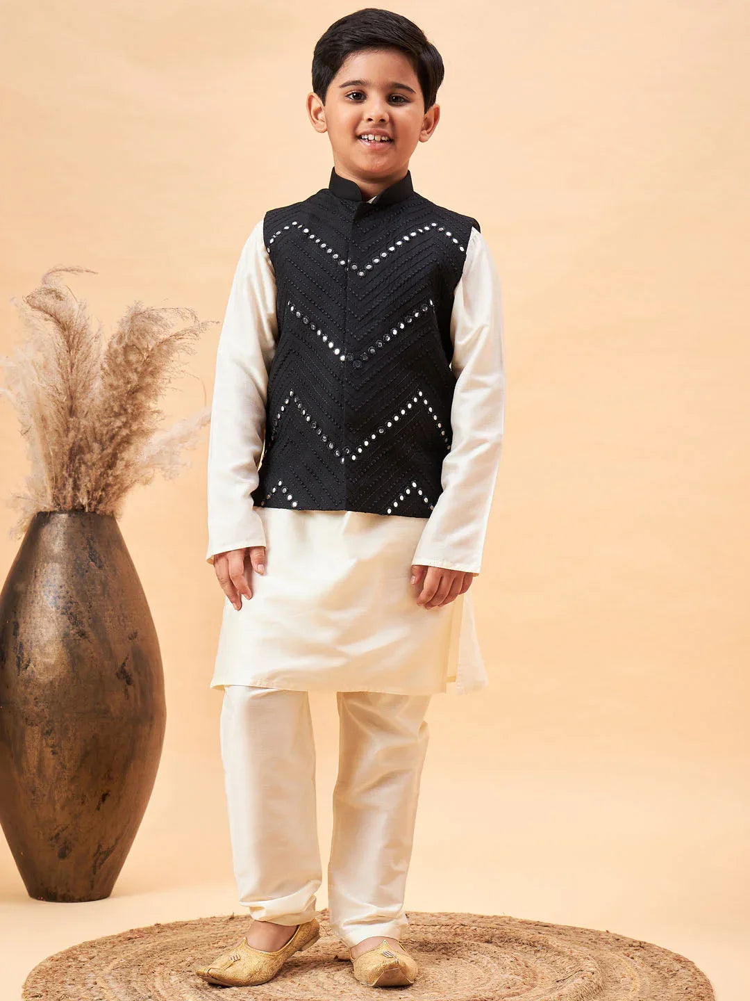 Boy's Black Mirror Work Jacket And Solid Kurta Pyjama Set