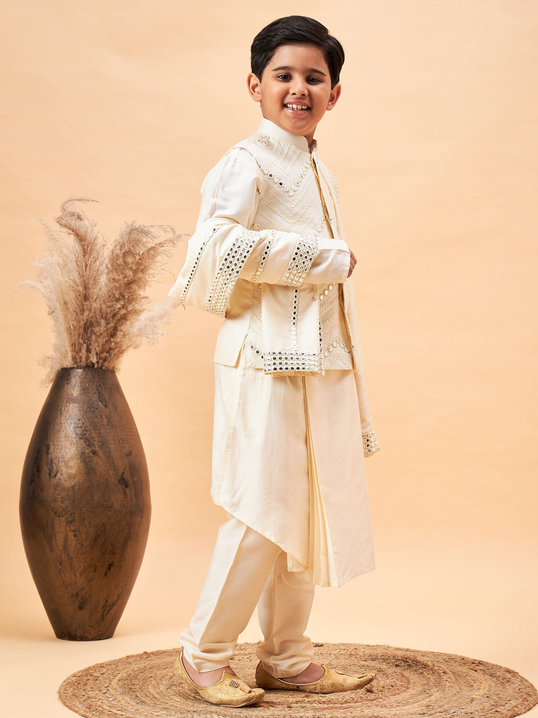 VASTRAMAY Boy's Cream Mirror Work Jacket And Pleated Kurta Pyjama Set With Ethnic Dupatta - qivii