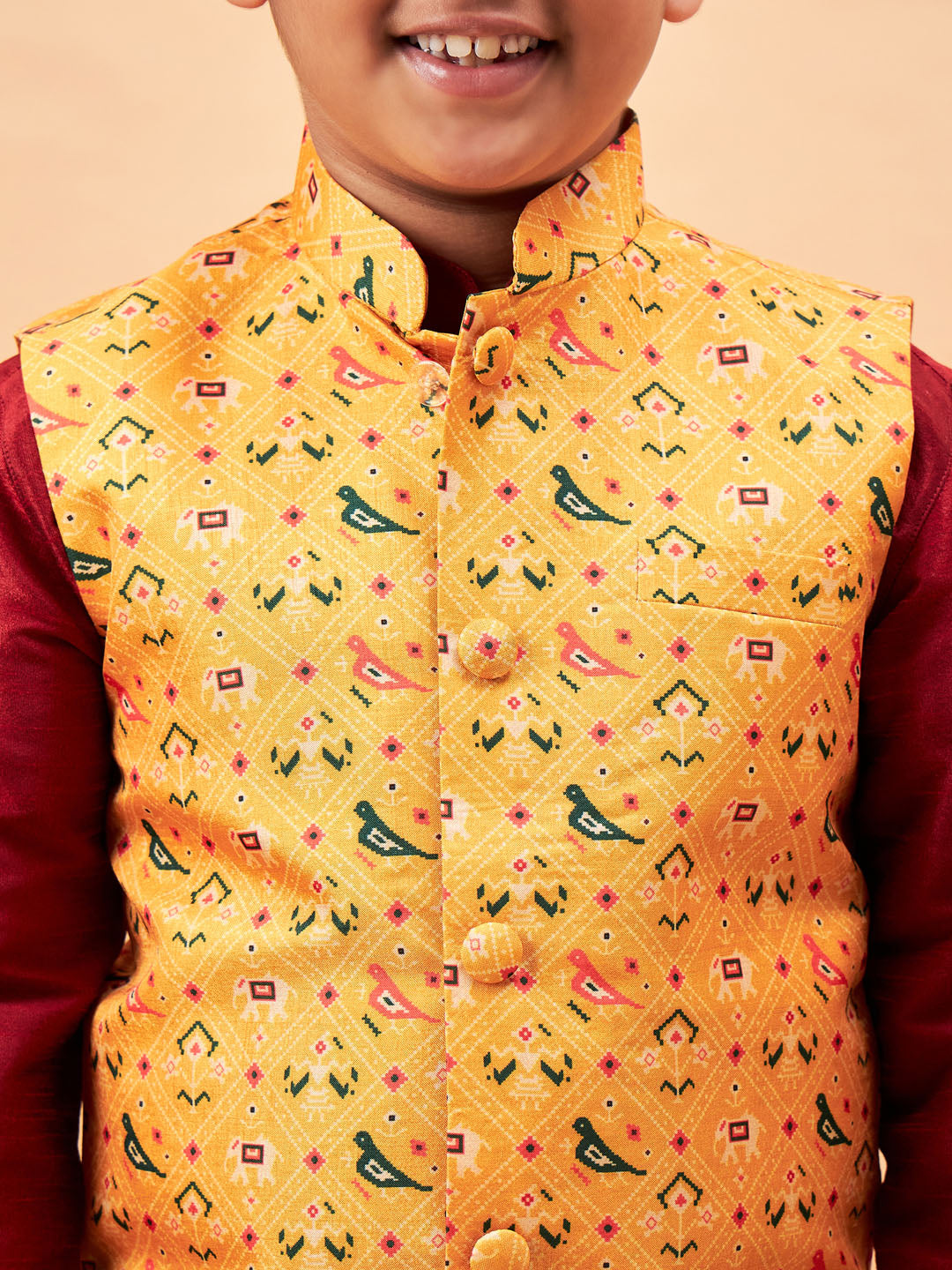 VASTRAMAY Boy's Yellow Ethnic Printed Jacket With Maroon Kurta and Pyjama Set - qivii
