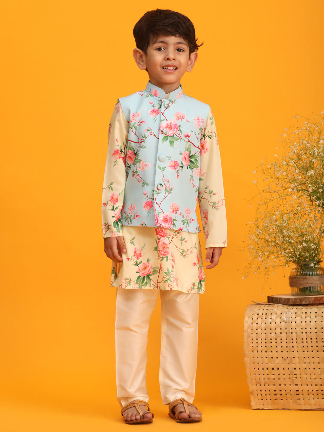 VASTRAMAY Boy's Aqua Blue Jacket With Yellow Floral Printed Kurta with Cream Solid Pyjama Set - qivii
