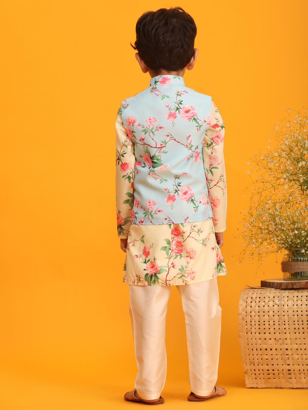 VASTRAMAY Boy's Aqua Blue Jacket With Yellow Floral Printed Kurta with Cream Solid Pyjama Set - qivii
