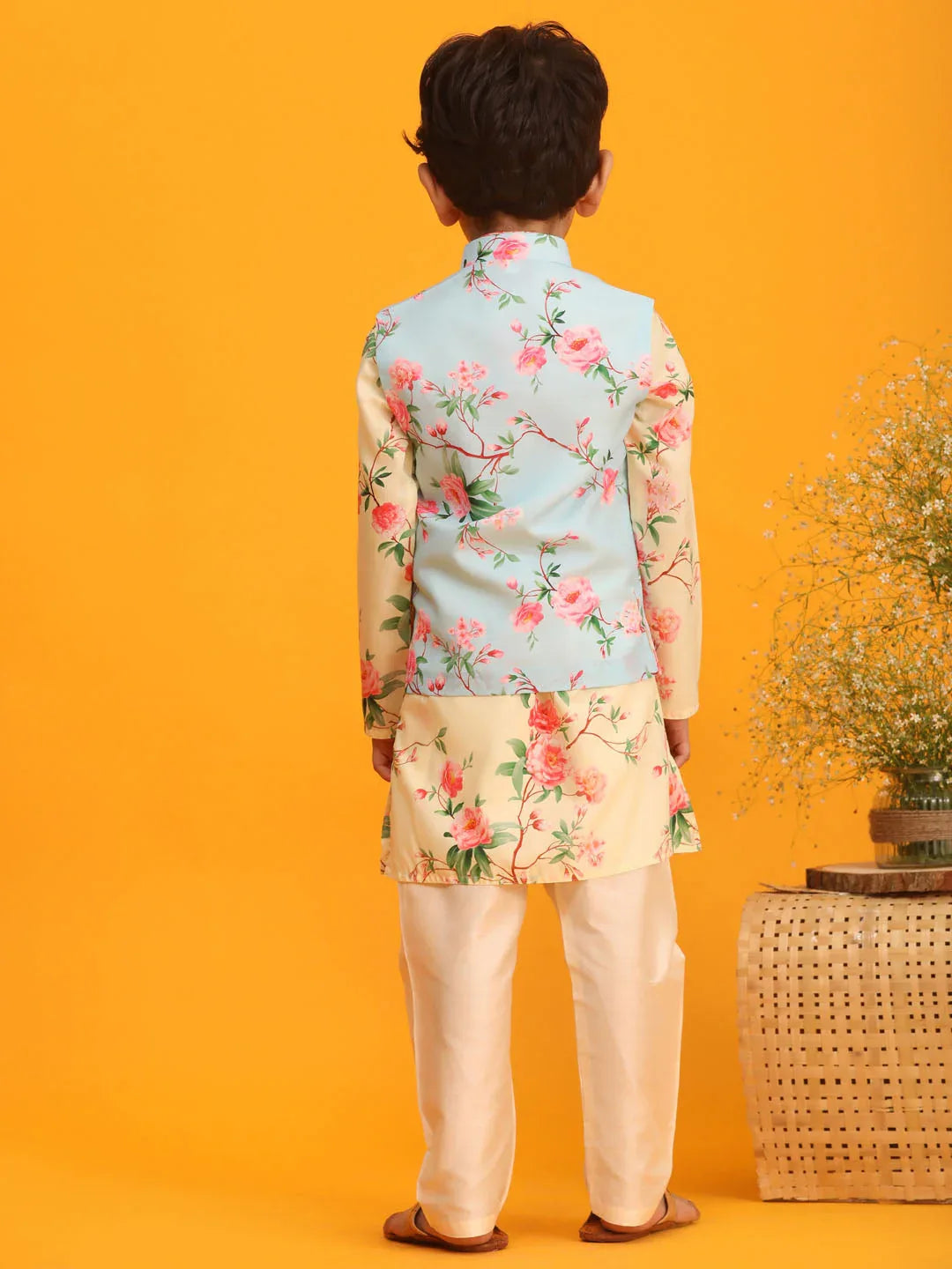 Boy's Aqua Blue Jacket With Yellow Floral Printed Kurta With Cream Solid Pyjama Set