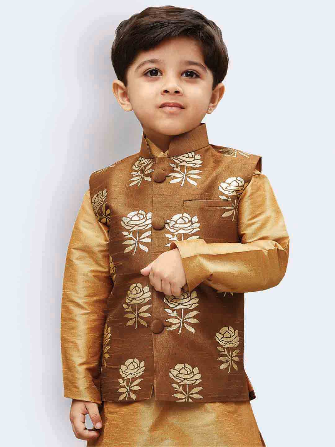 VASTRAMAY Boys' Brown Silk Blend Nehru Jackets - qivii
