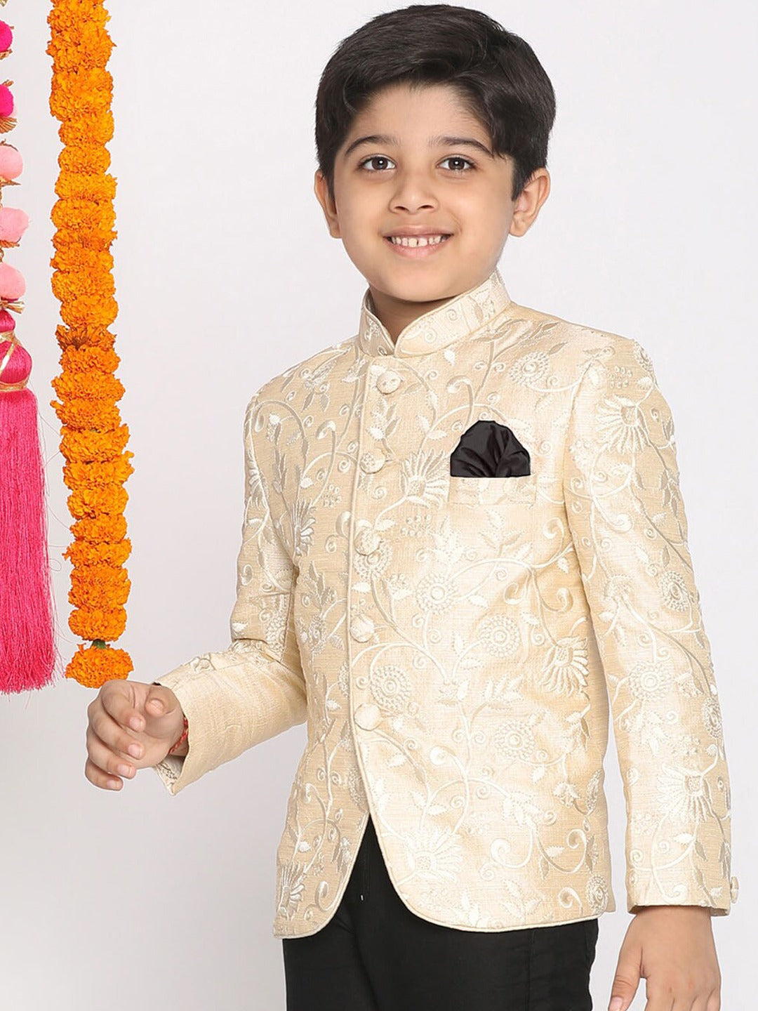 VASTRAMAY Boys Beige Embroidered Slim Fit Bandhgala Blazer - qivii
