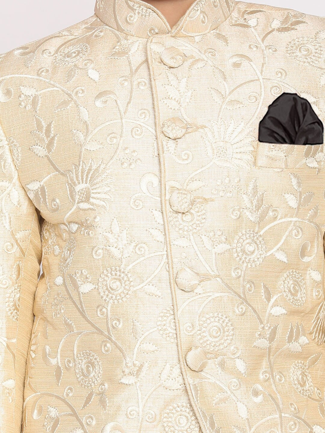VASTRAMAY Boys Beige Embroidered Slim Fit Bandhgala Blazer - qivii