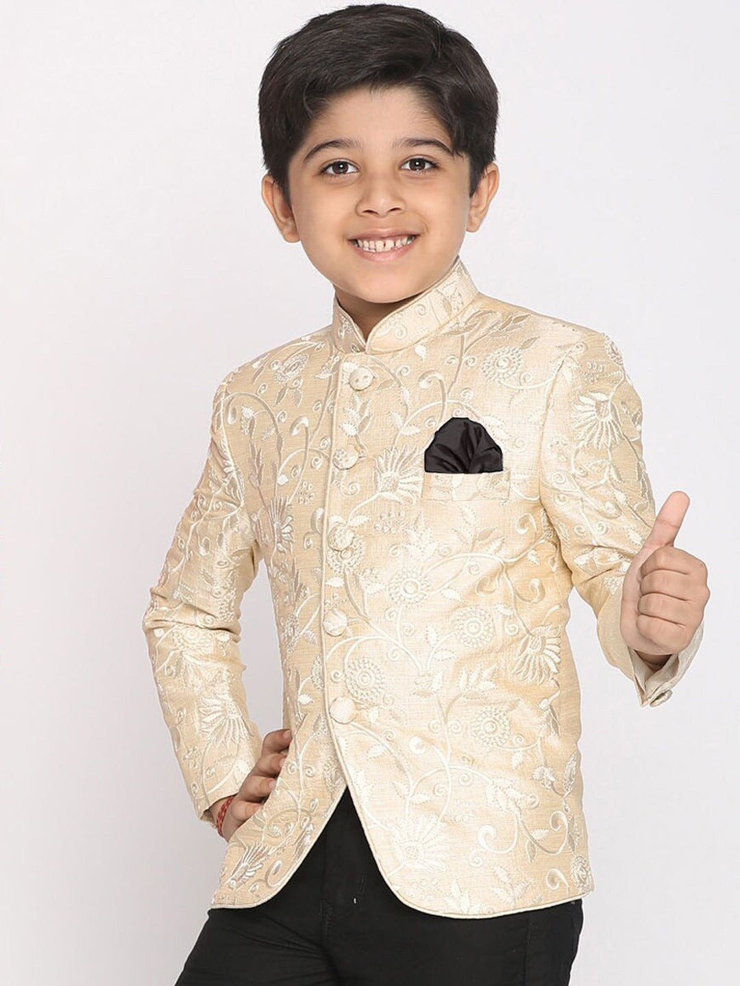 VASTRAMAY Boys Beige Embroidered Slim Fit Bandhgala Blazer - qivii
