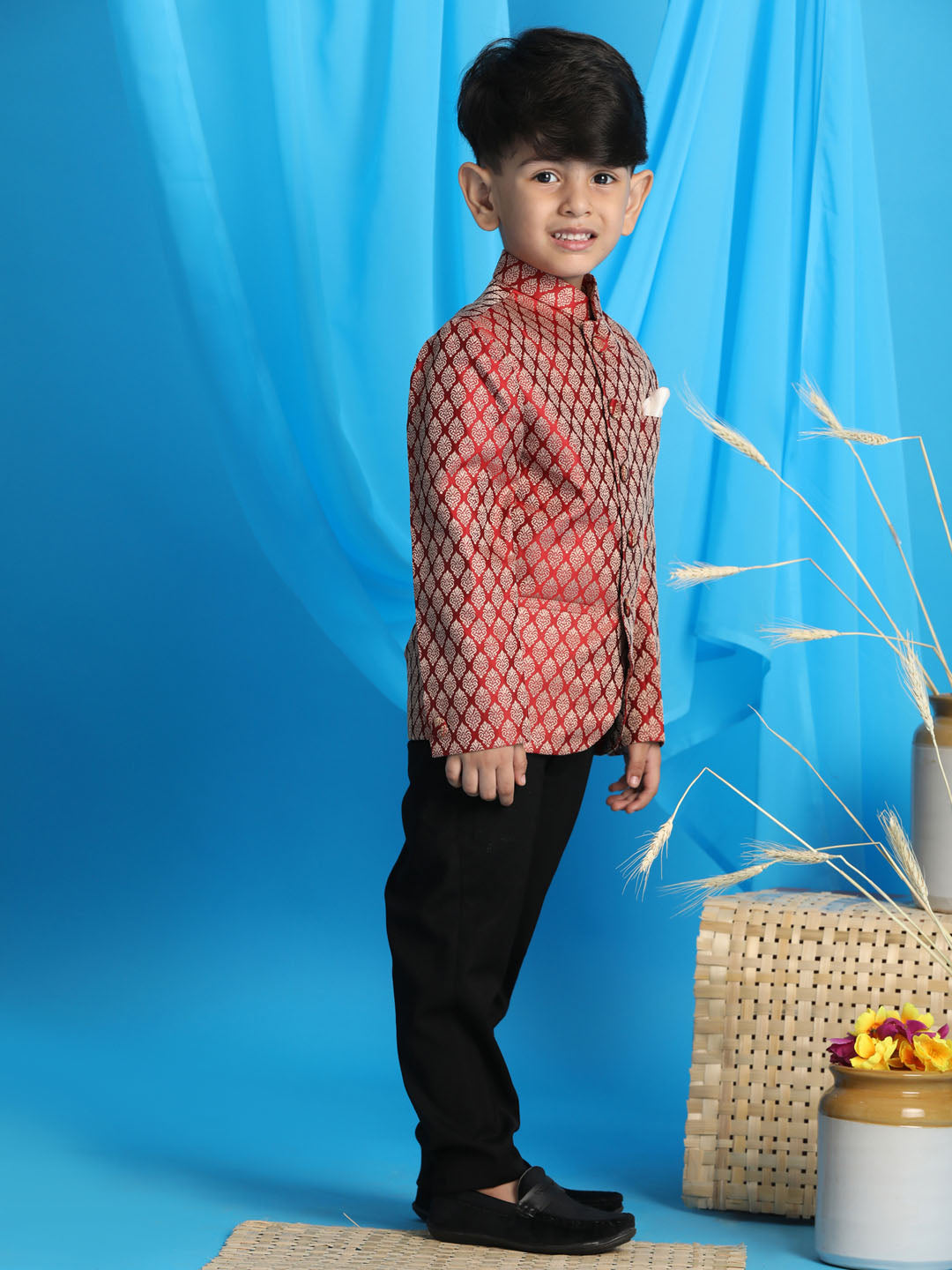 Vastramay Boy's Maroon Woven Silk Blend Jodhpuri - qivii