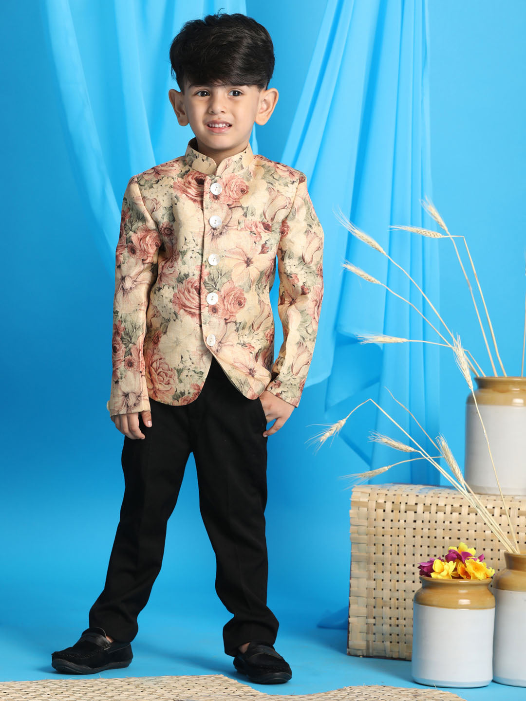 VASTRAMAY Boy's Beige Printed Jodhpuri - qivii