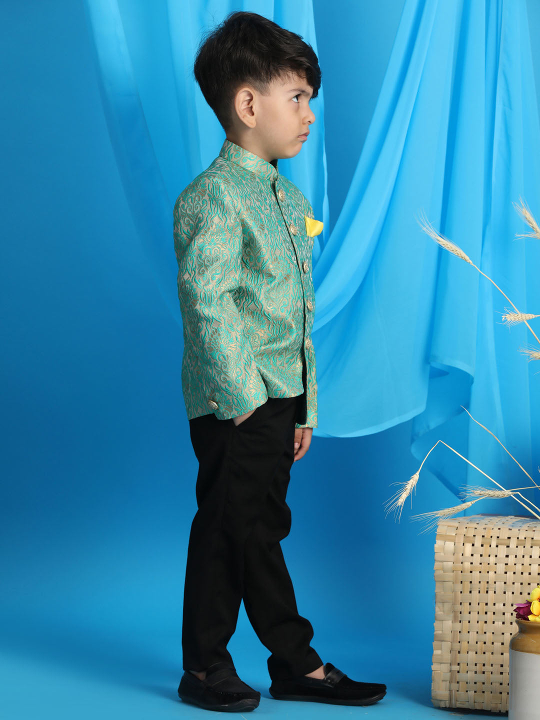 VASTRAMAY Boy's Green Woven Design Jodhpuri - qivii