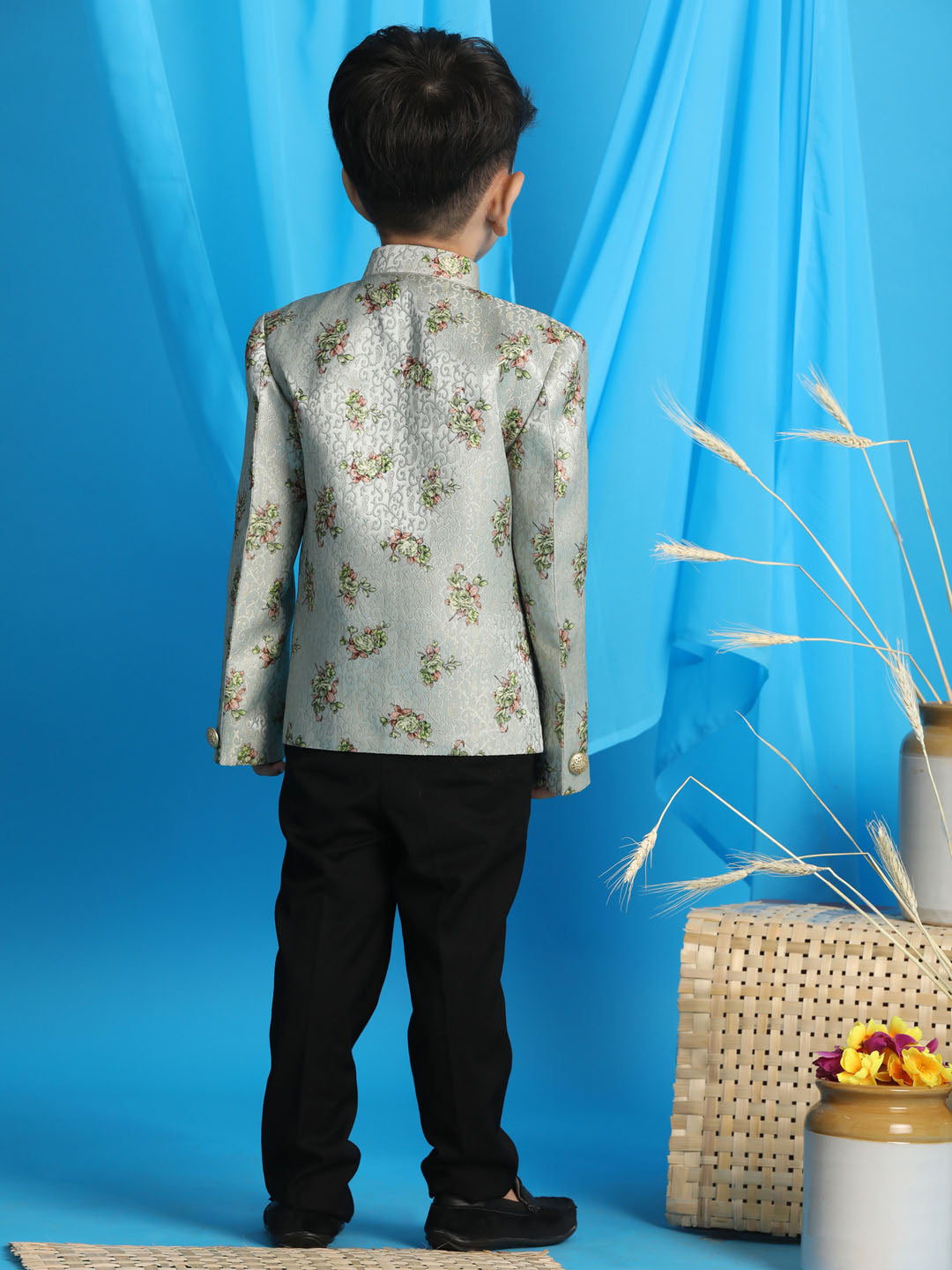 VASTRAMAY Boy's Light Green Woven Design Jodhpuri - qivii