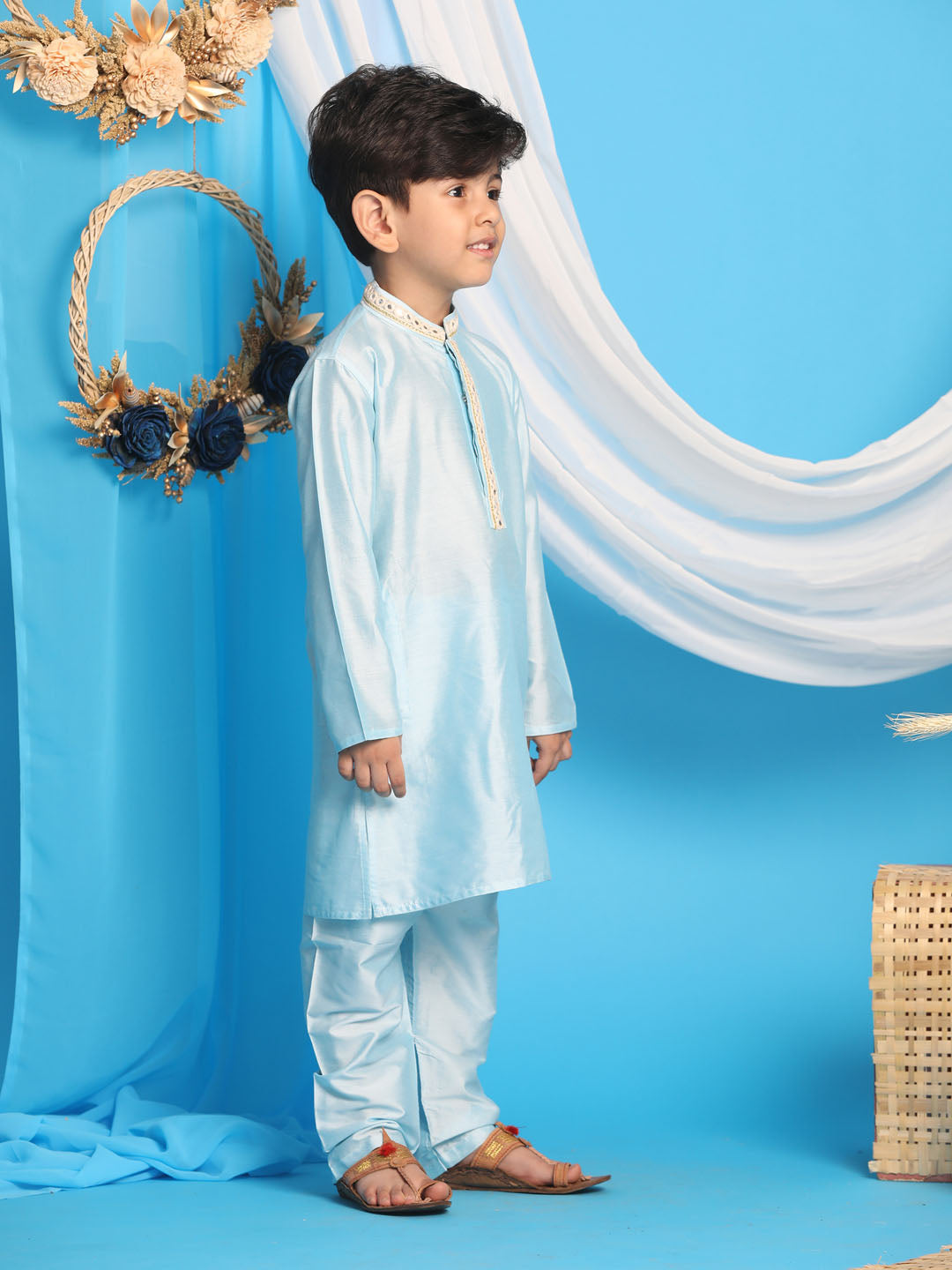 VASTRAMAY Boys' Aqua Blue Viscose Kurta and Pyjama Set - qivii