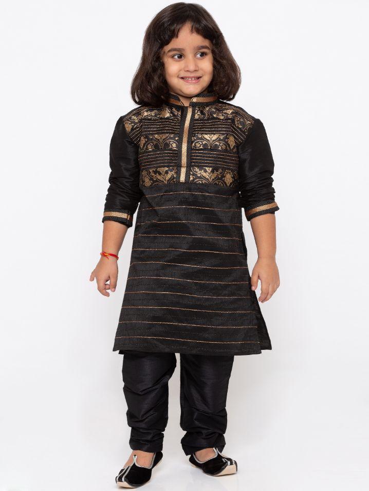 VASTRAMAY Boys' Black Cotton Silk Kurta and Pyjama Set - qivii