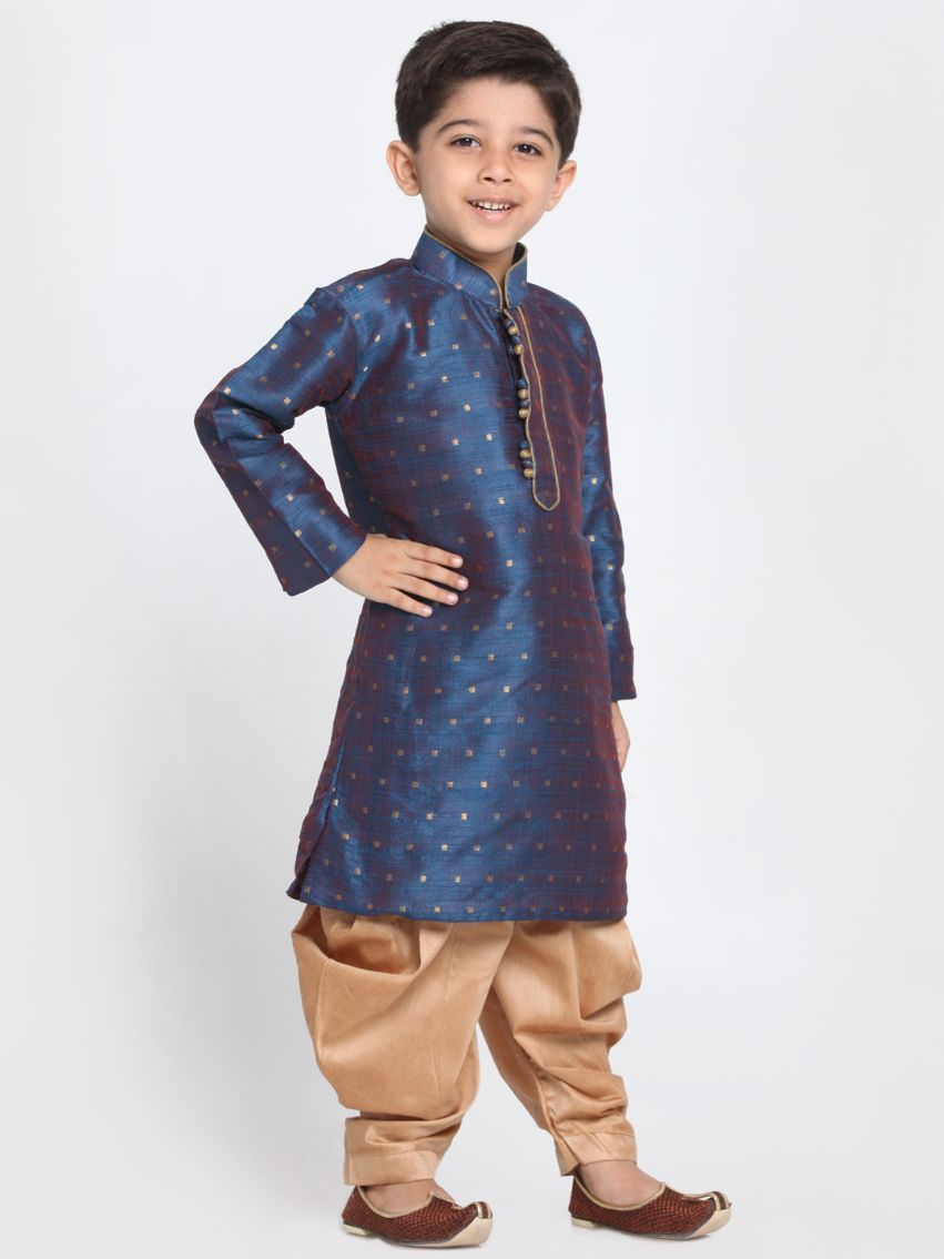 VASTRAMAY Boys' Deep Blue Cotton Silk Blend Kurta and Rose Gold Dhoti Pant Set - qivii