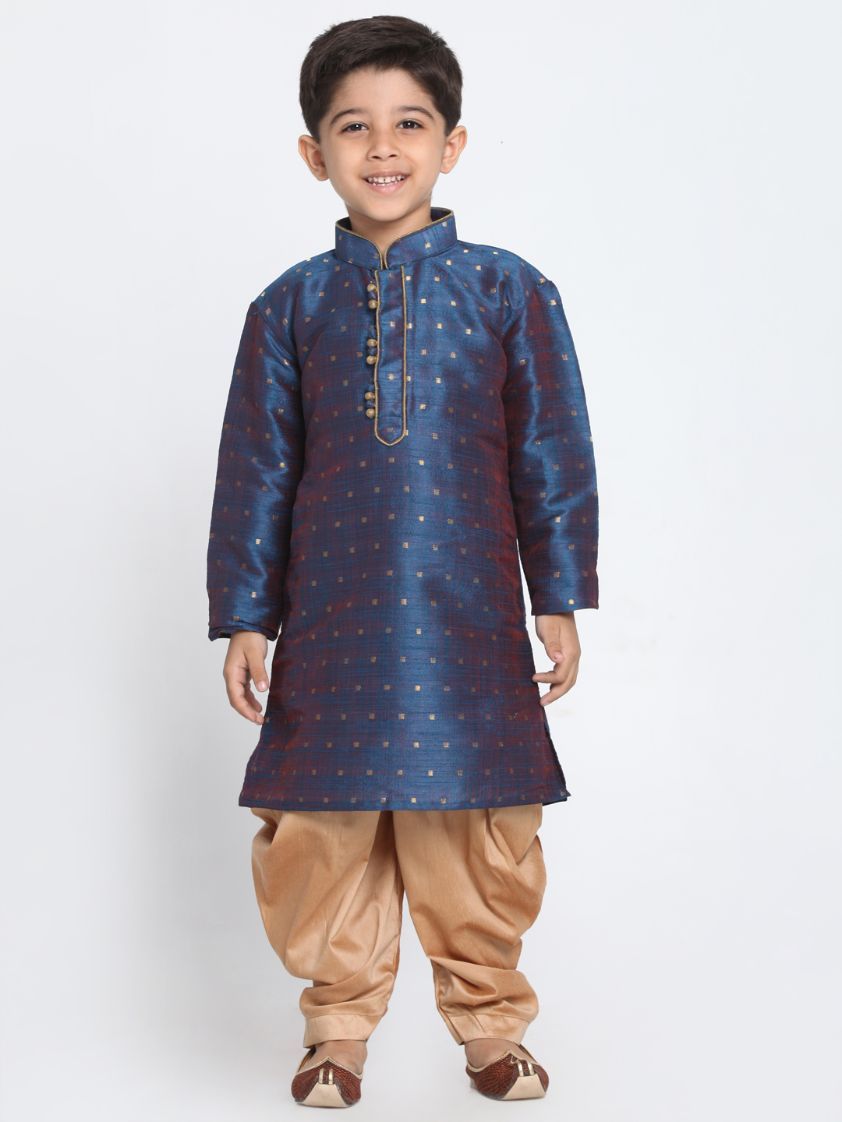 VASTRAMAY Boys' Deep Blue Cotton Silk Blend Kurta and Rose Gold Dhoti Pant Set - qivii