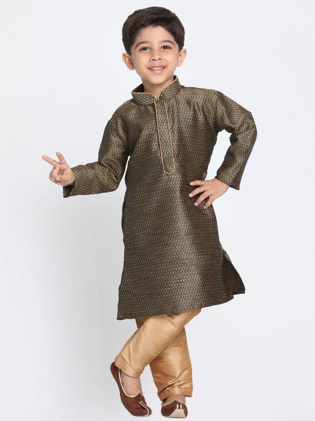 VASTRAMAY Boys' Black Cotton Silk Blend Kurta and Pyjama Set - qivii