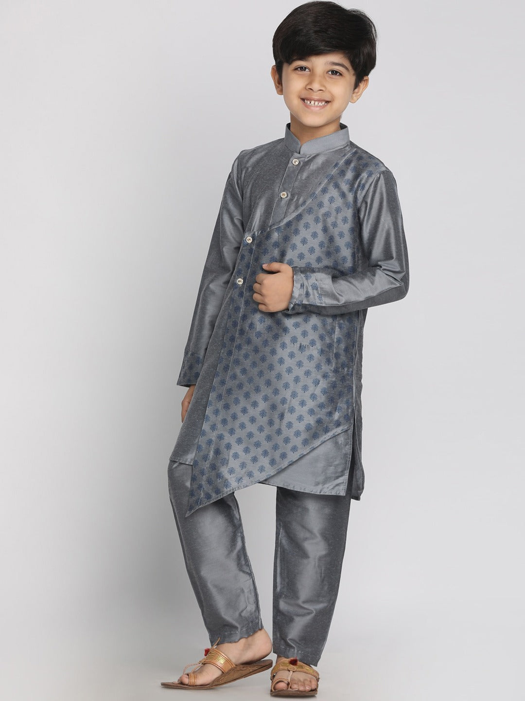 VASTRAMAY Boys Grey Layered Asymmetric Kurta with Pyjama - qivii