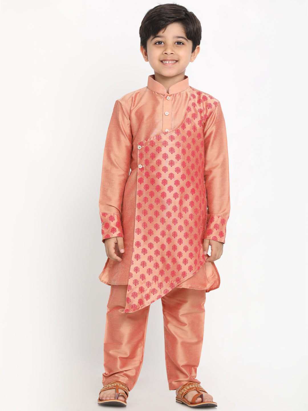 VASTRAMAY Boys Pink Printed Angrakha Kurta with Pyjamas - qivii