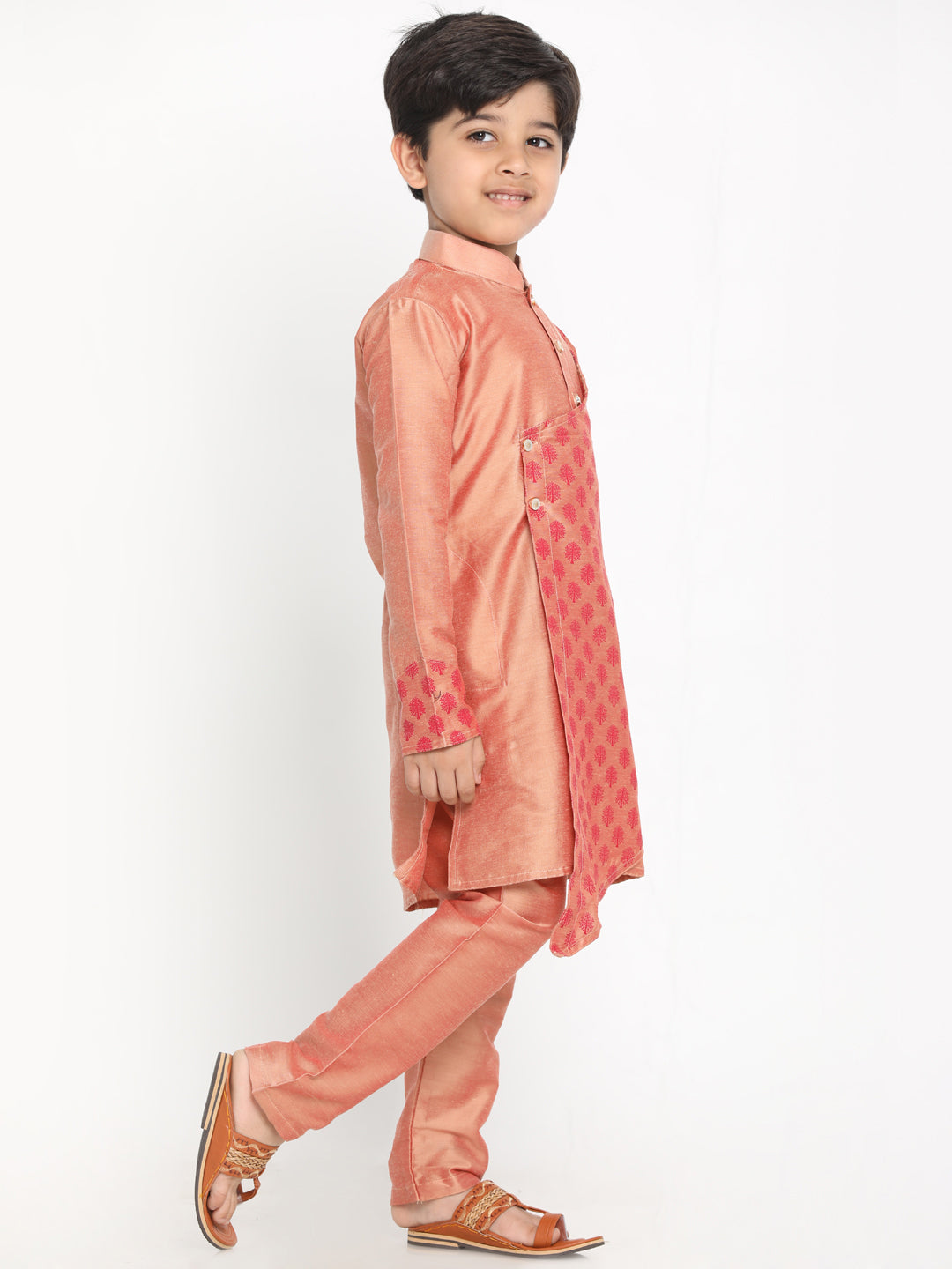 VASTRAMAY Boys Pink Printed Angrakha Kurta with Pyjamas - qivii