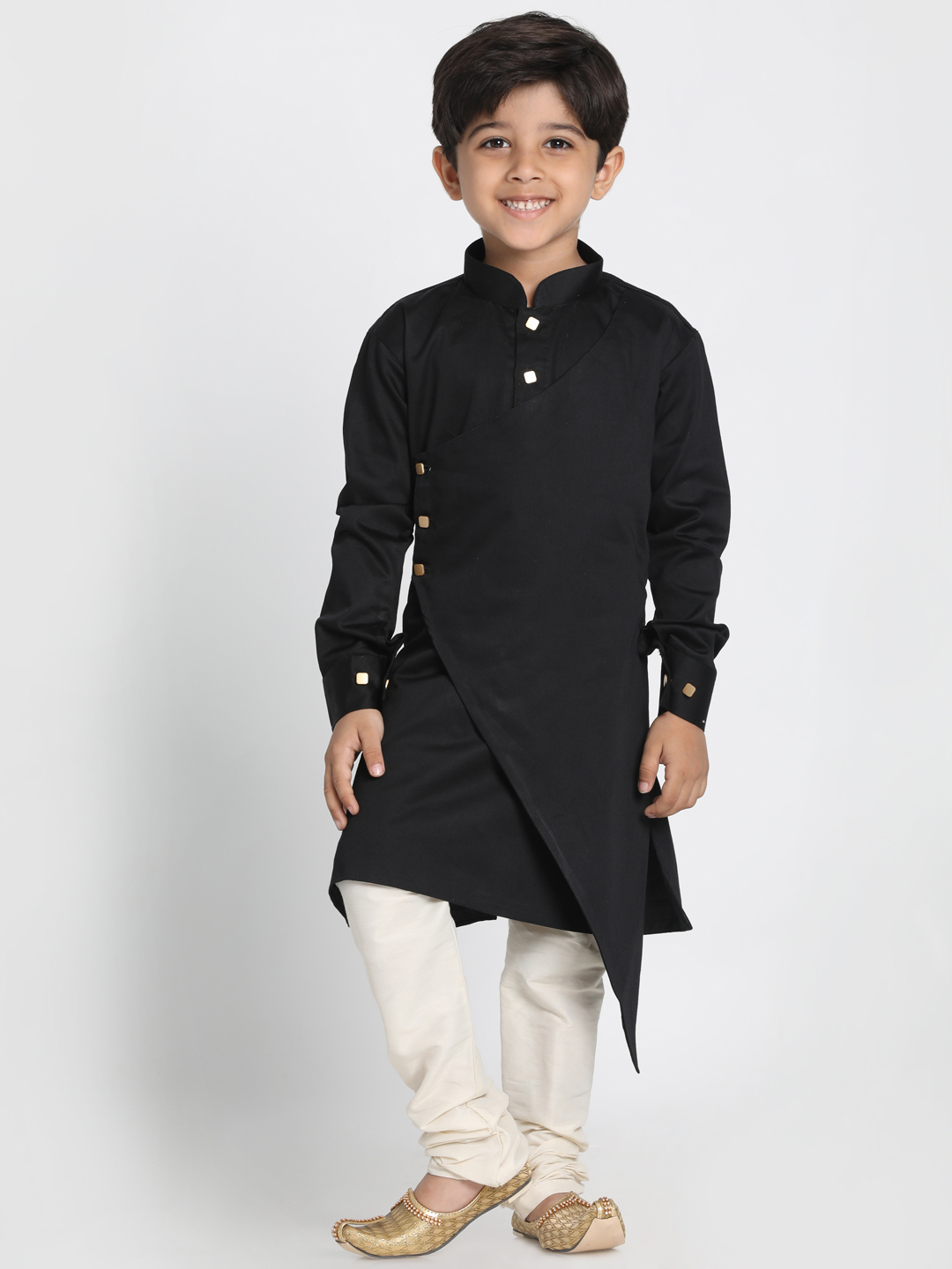 VASTRAMAY Boys' Black Cotton Satin Blend Kurta and Pyjama Set - qivii