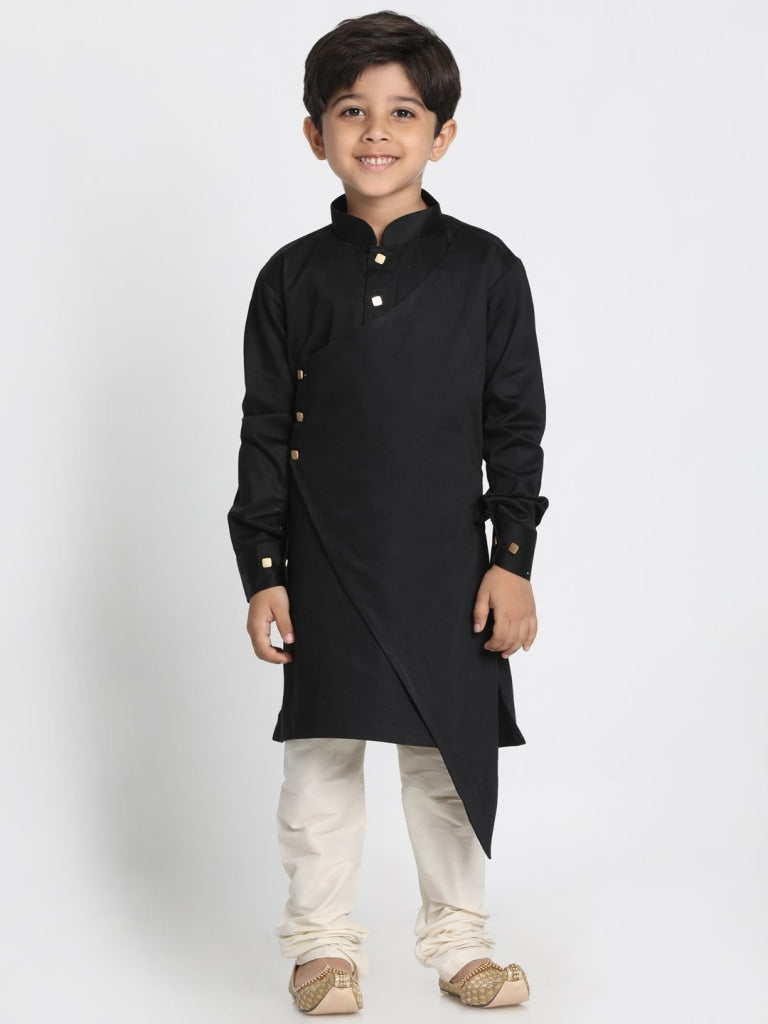 VASTRAMAY Boys' Black Cotton Satin Blend Kurta and Pyjama Set - qivii