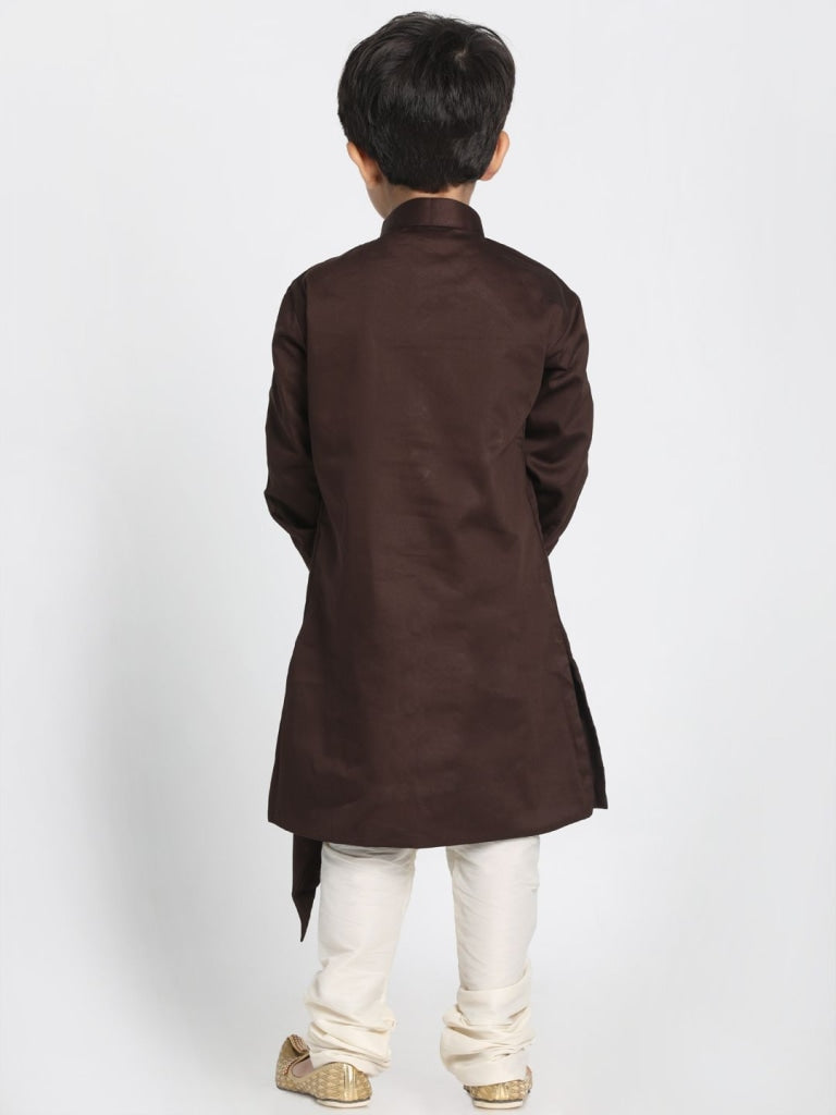 VASTRAMAY Boys' Brown Cotton Silk Blend Kurta and Pyjama Set - qivii