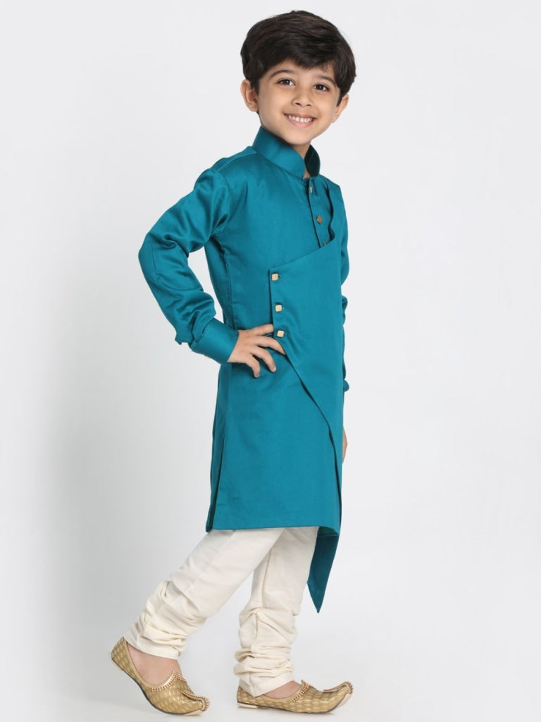 VASTRAMAY Boys' Green Cotton Silk Blend Kurta and Pyjama Set - qivii
