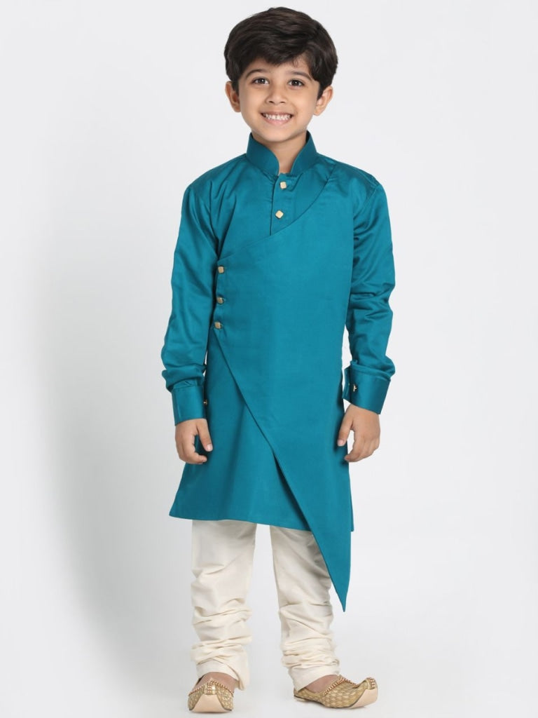 VASTRAMAY Boys' Green Cotton Silk Blend Kurta and Pyjama Set - qivii