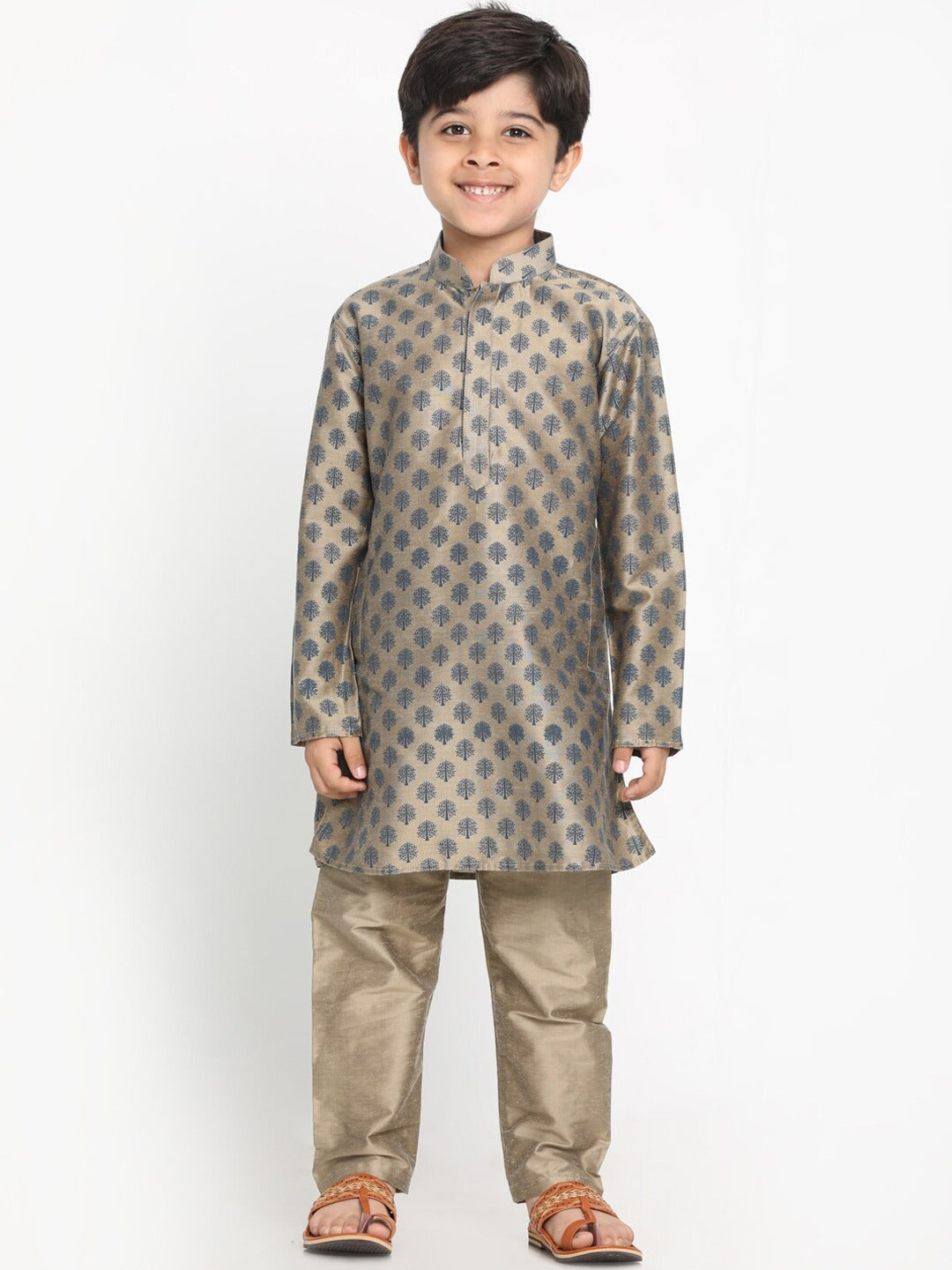 VASTRAMAY Boy's Chiku Brown Printed Kurta With Pyjama Set - qivii