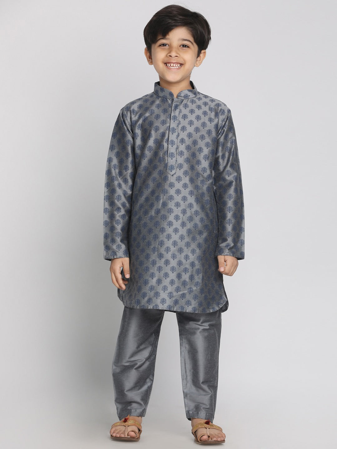 VASTRAMAY Boy's Grey Printed Kurta With Pyjama Set - qivii