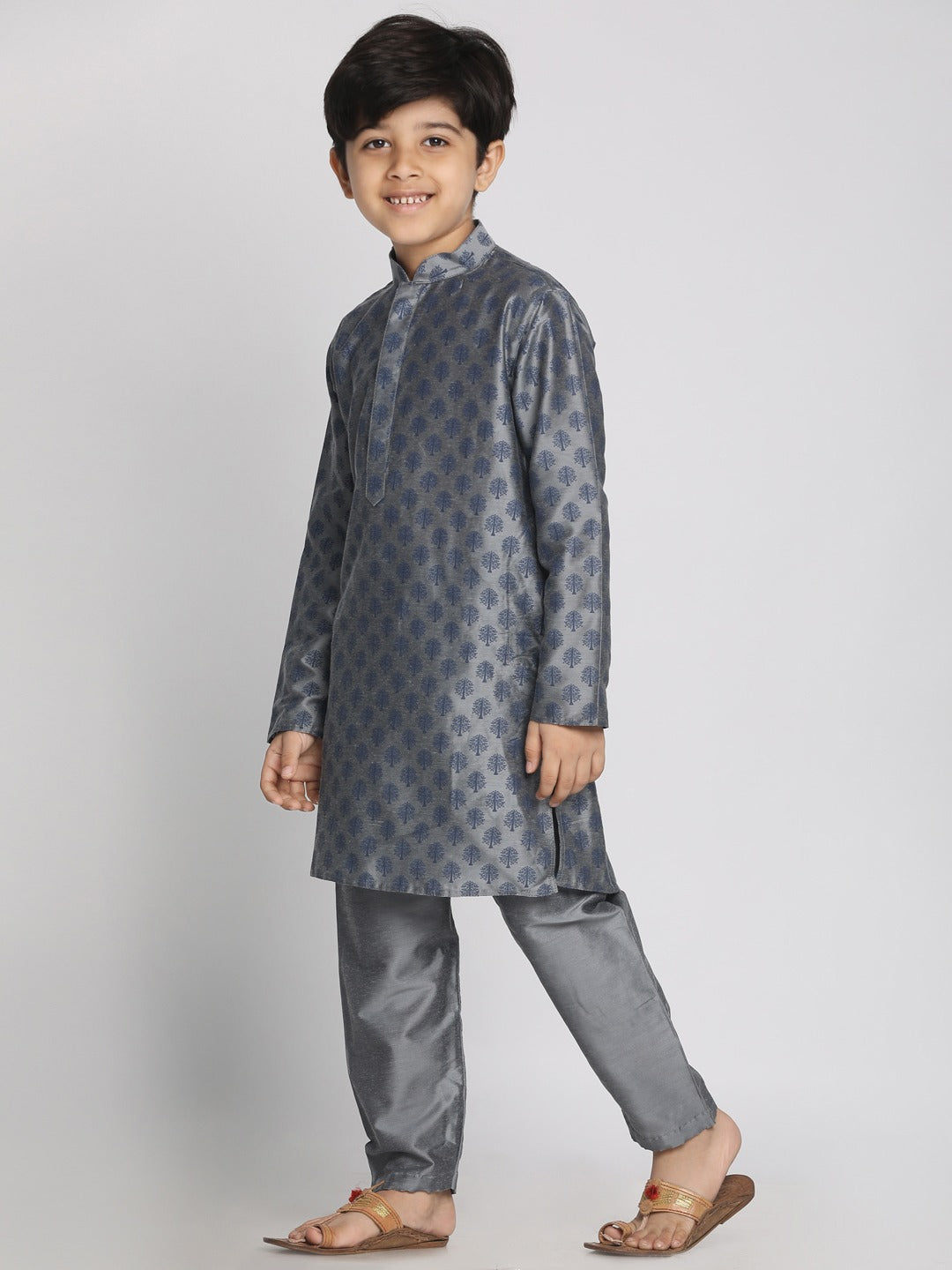VASTRAMAY Boy's Grey Printed Kurta With Pyjama Set - qivii