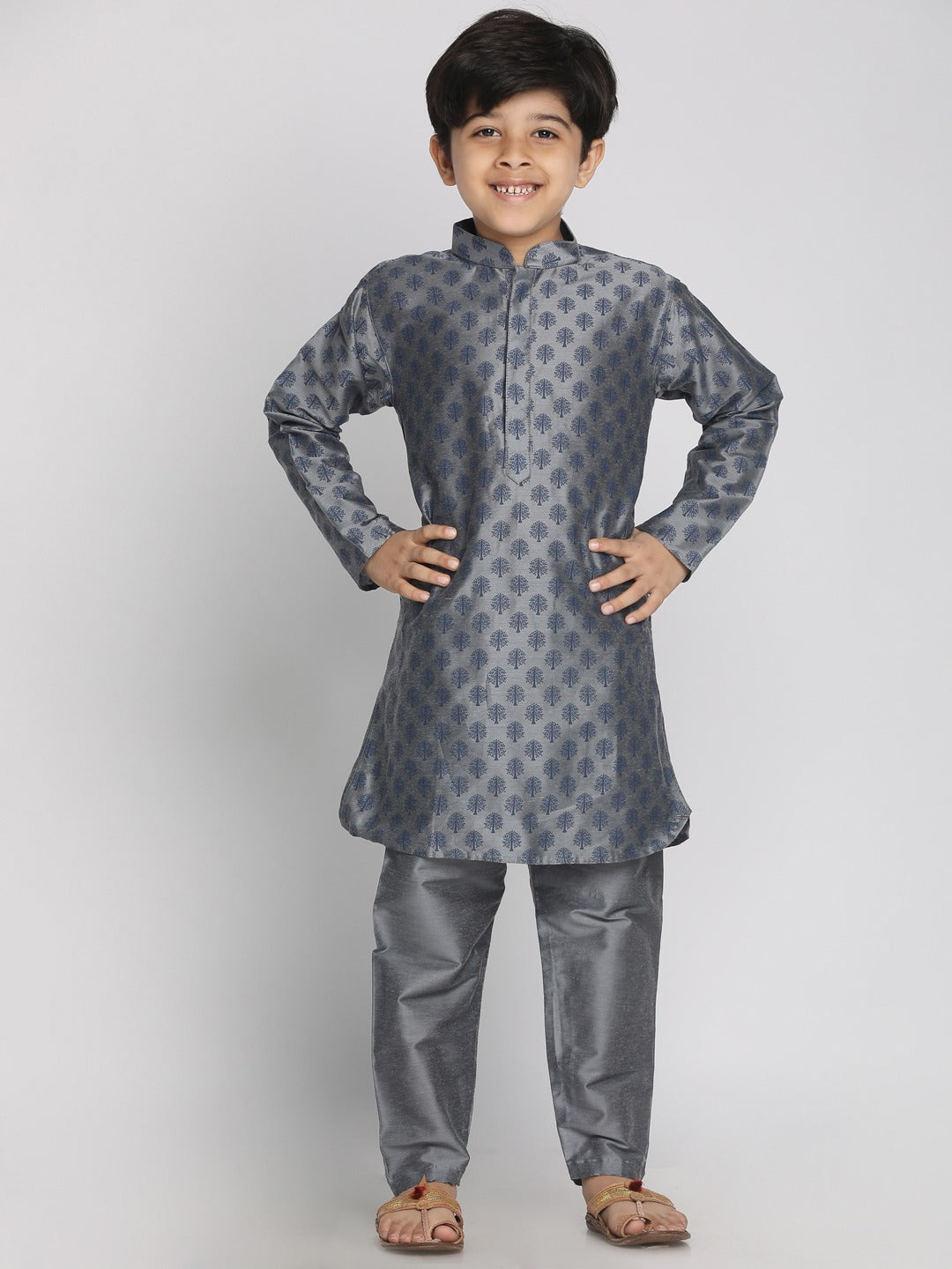 VASTRAMAY Boy's Grey Printed Kurta With Pyjama Set - qivii