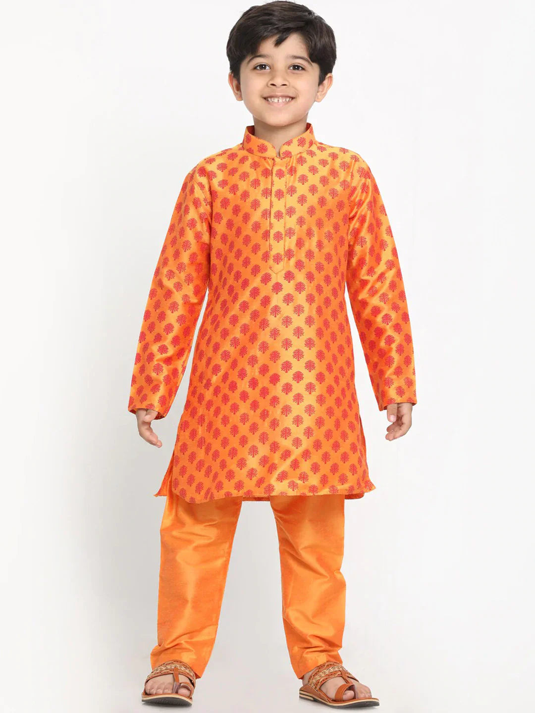 VASTRAMAY Boy's Orange Printed Design Kurta with Churidar - qivii